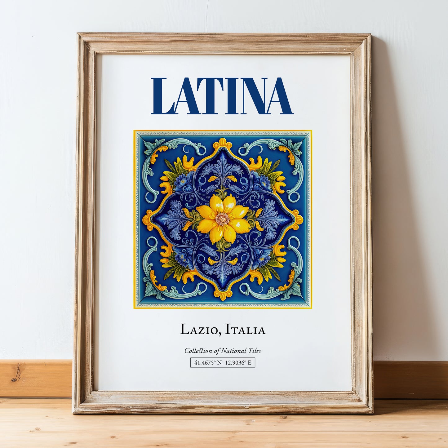 Latina, Italy – Global Cities Wall Print, in wooden frame leaning on the floor