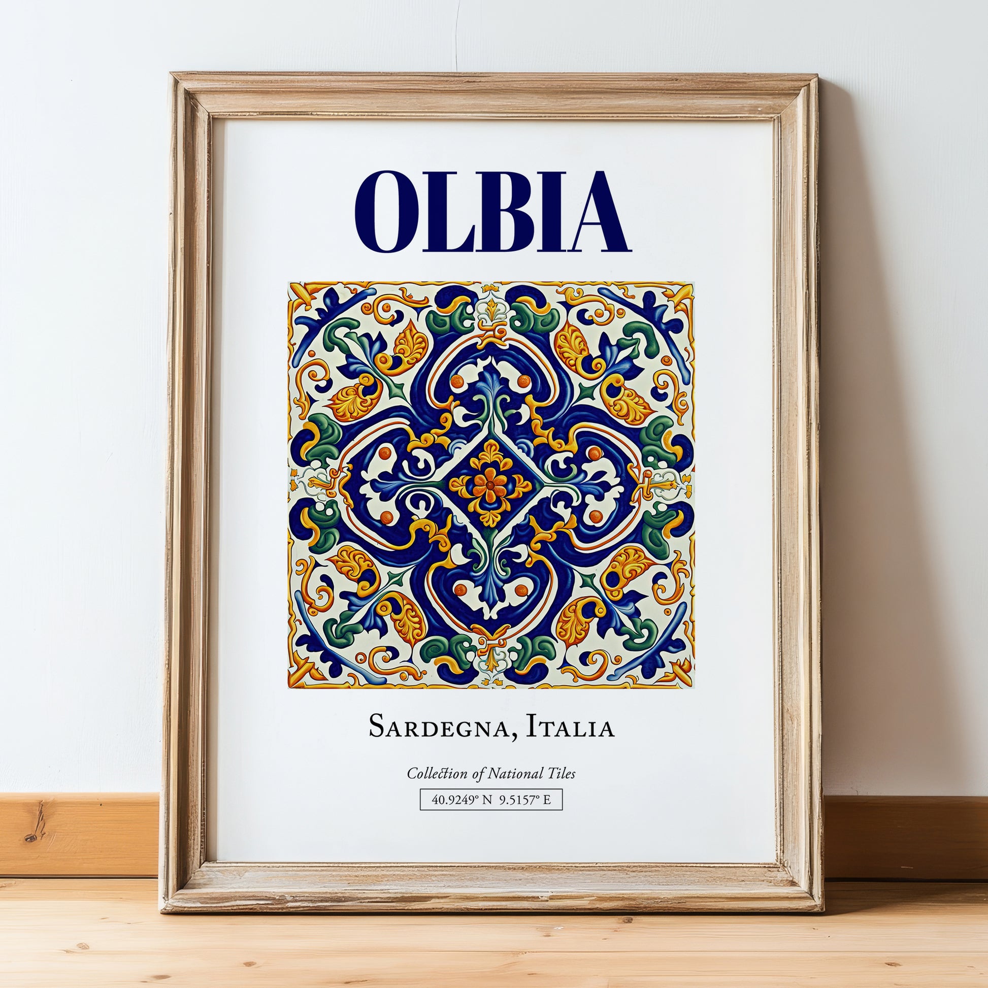 Olbia, Italy – Travel Wall Art, in wooden frame leaning on the floor