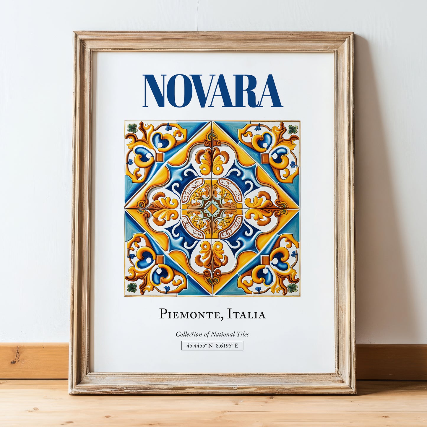Novara, Italy – Away From Home Poster, in wooden frame leaning on the floor