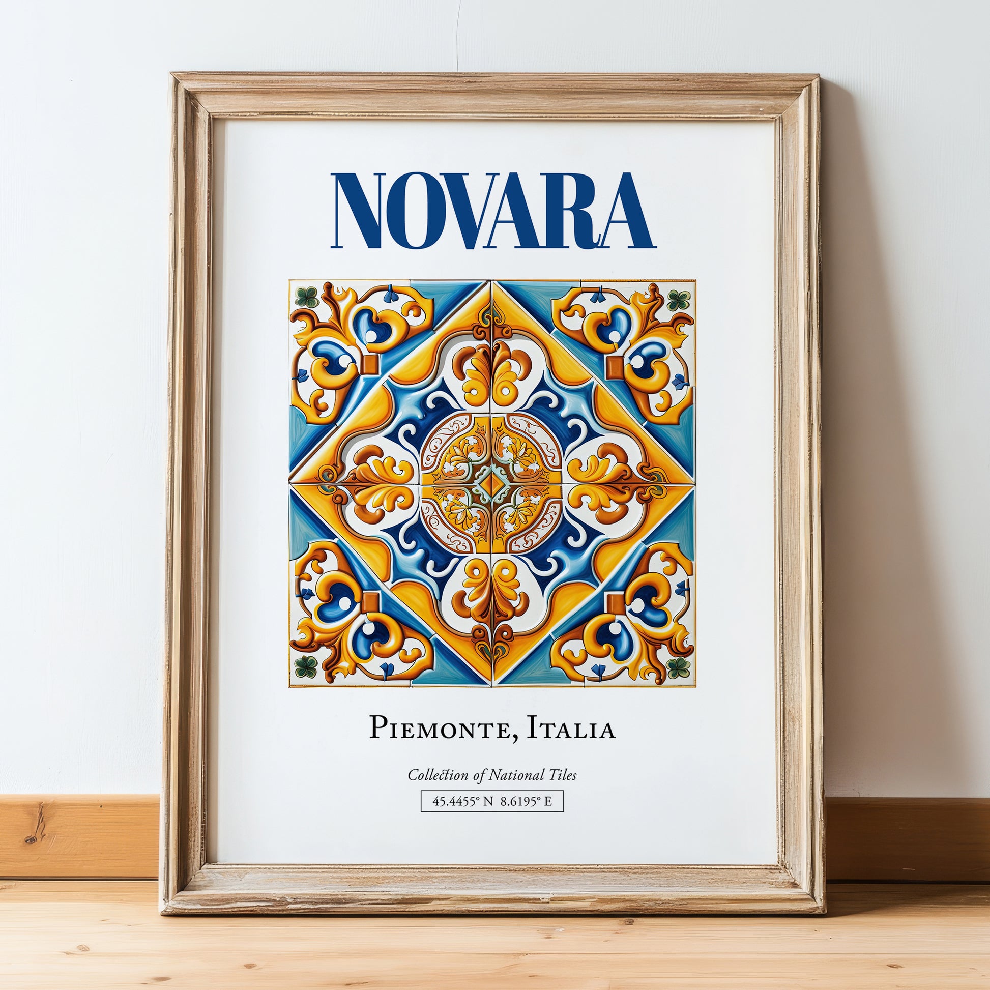 Novara, Italy – Away From Home Poster, in wooden frame leaning on the floor