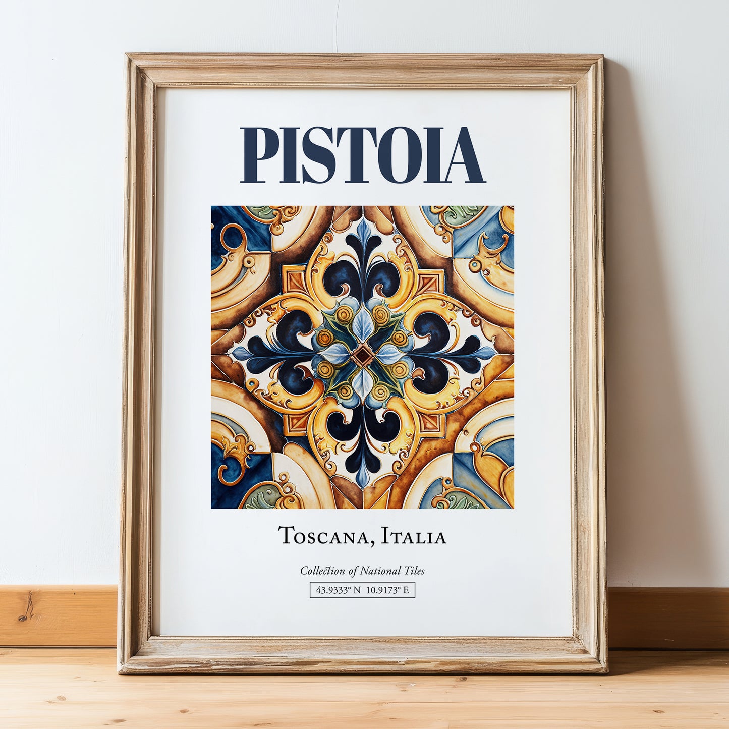 Pistoia, Italy – Retro Travel Poster, in wooden frame leaning on the floor