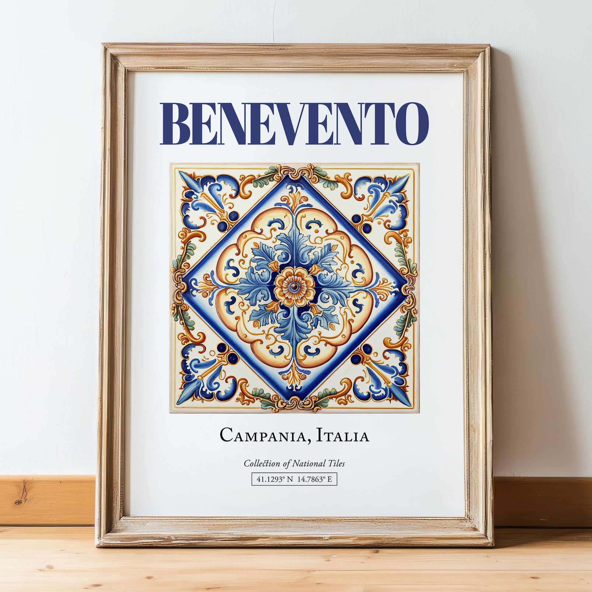 Benevento, Italy – Illustrated Travel Poster, in wooden frame leaning on the floor