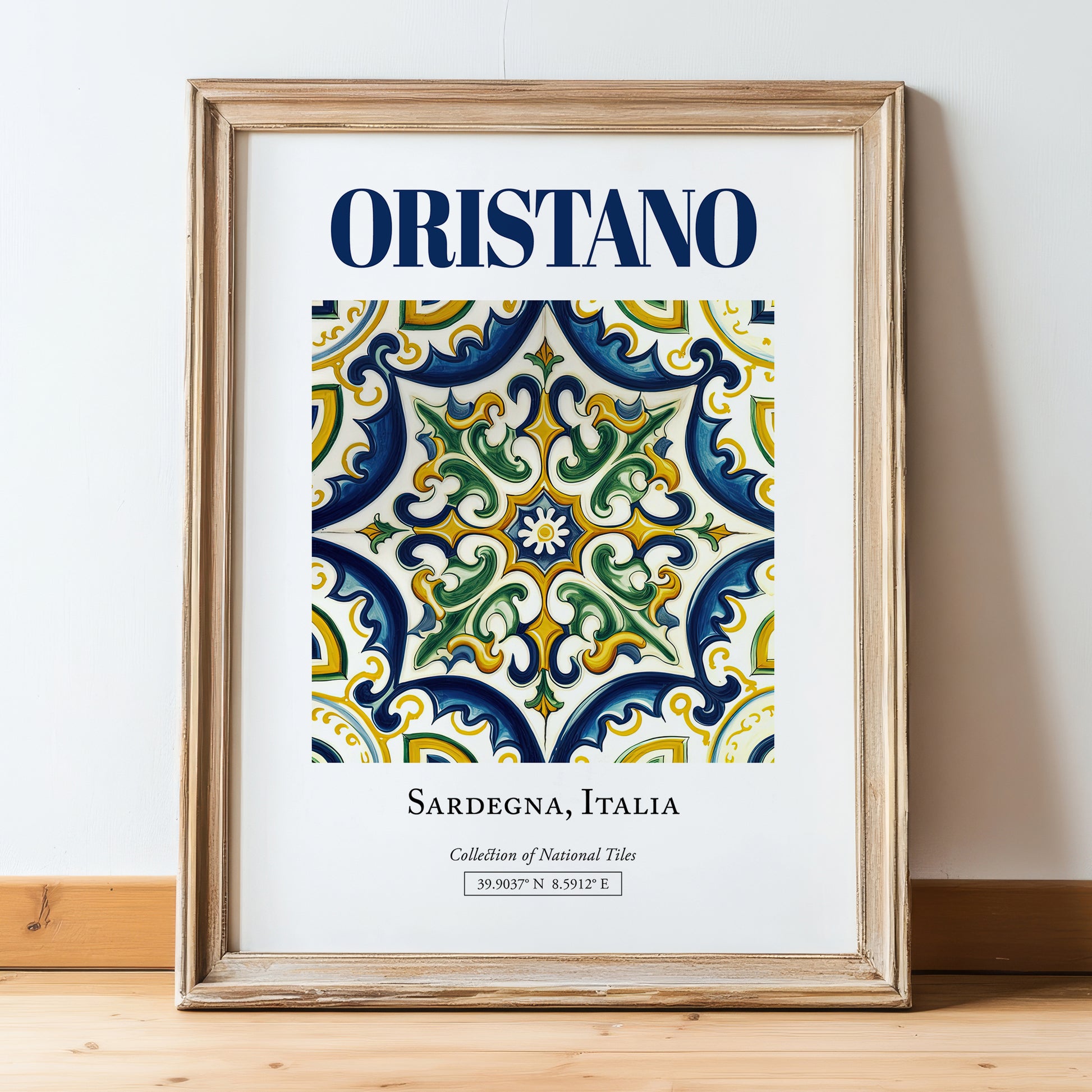 Oristano, Italy – Travel Print, in wooden frame leaning on the floor