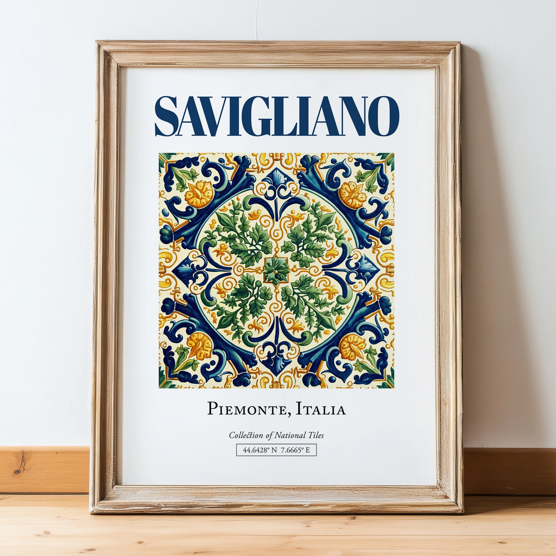 Savigliano, Italy – Travel Print, in wooden frame leaning on the floor