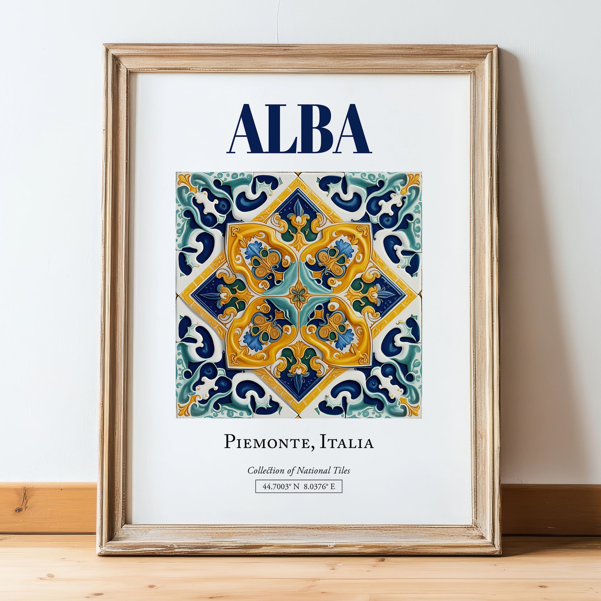 Alba, Italy – Away From Home Poster, in wooden frame leaning on the floor