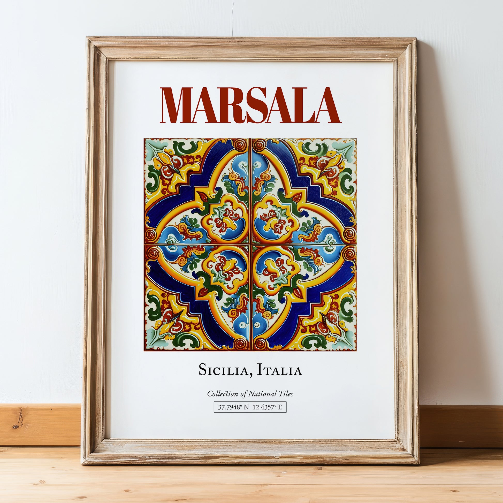 Marsala, Italy – Travel Wall Art, in wooden frame leaning on the floor