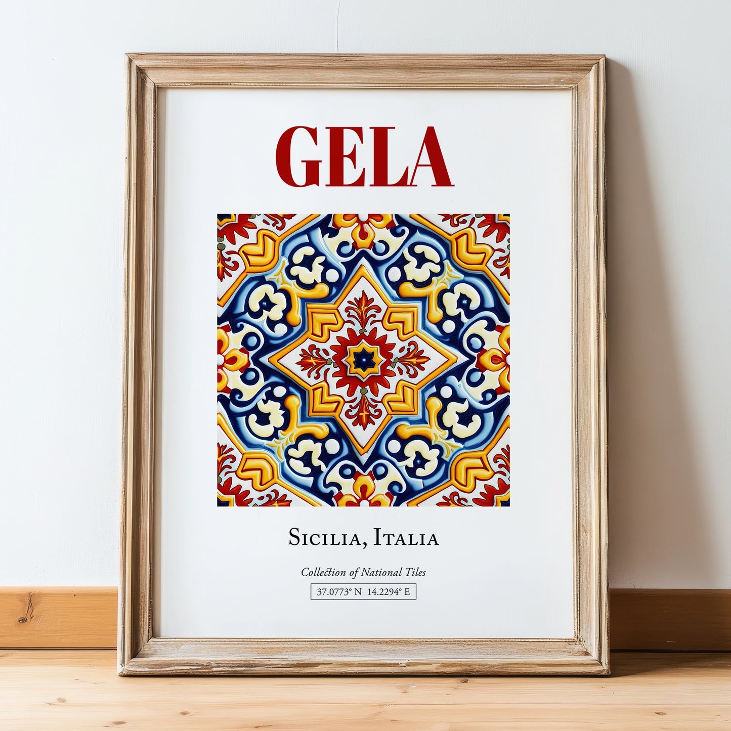 Gela, Italy – Travel Wall Art, in wooden frame leaning on the floor