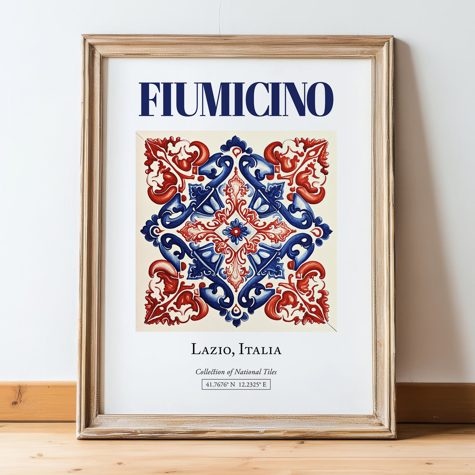Fiumicino, Italy – Travel Wall Art, in wooden frame leaning on the floor