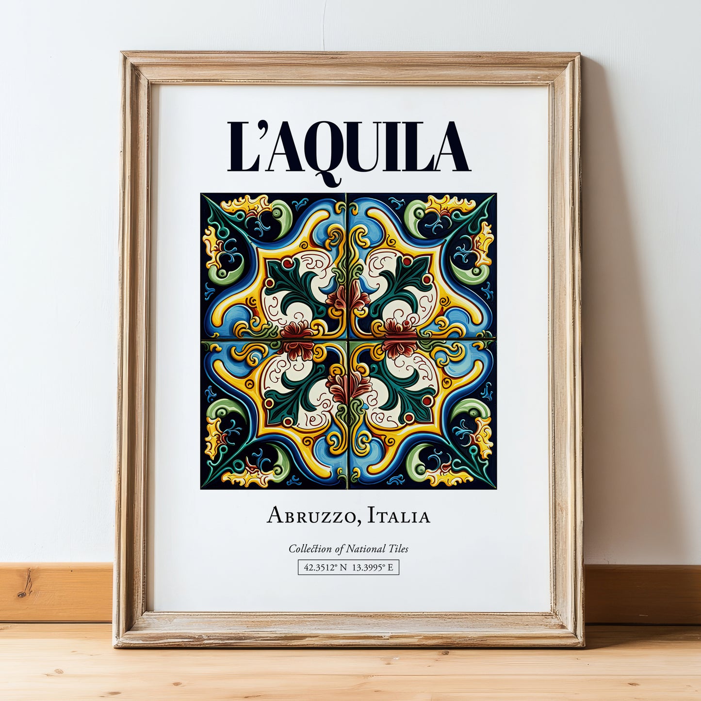 L'Aquila, Italy – Tourist Destination Poster, in wooden frame leaning on the floor
