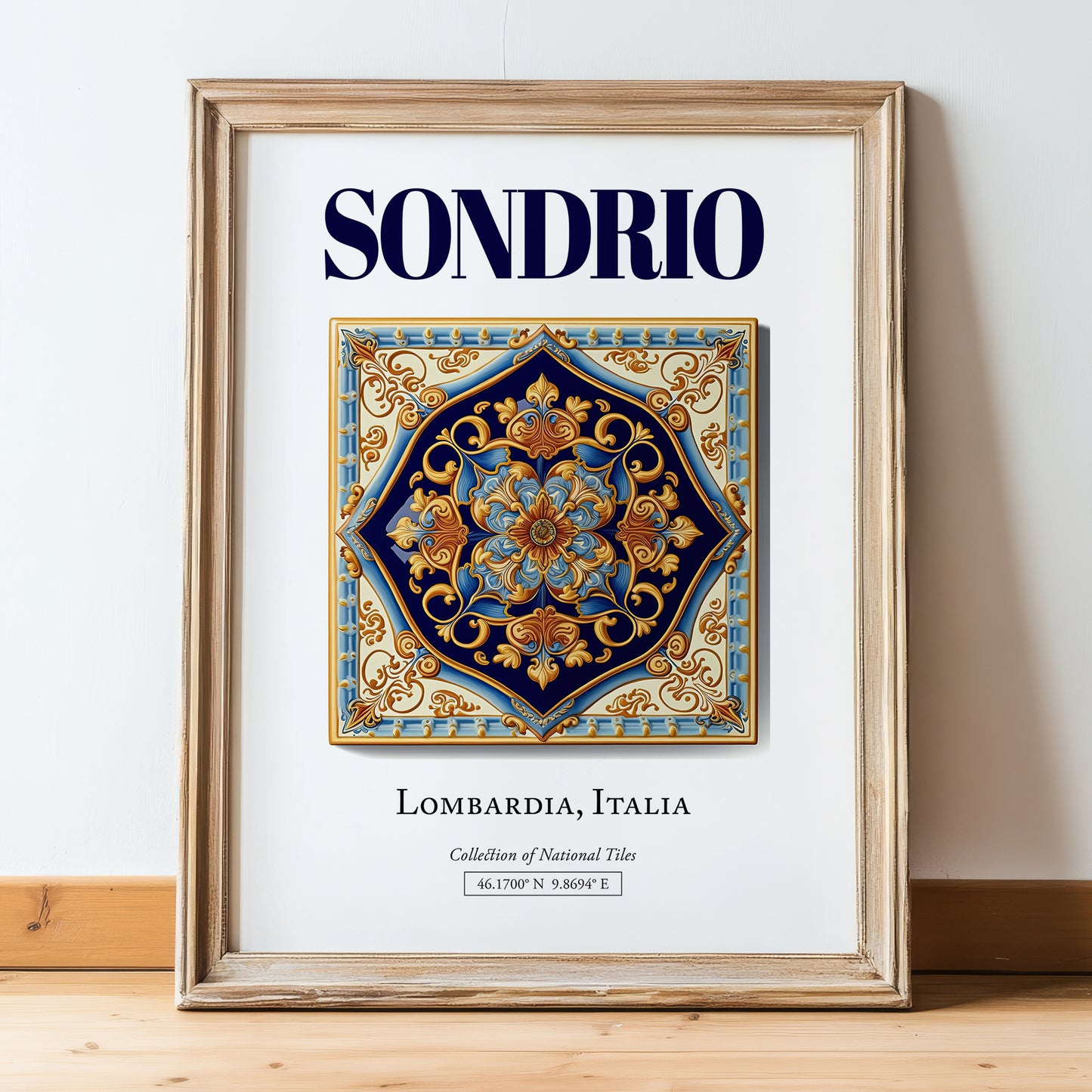 Sondrio, Italy – Travel Poster, in wooden frame leaning on the floor
