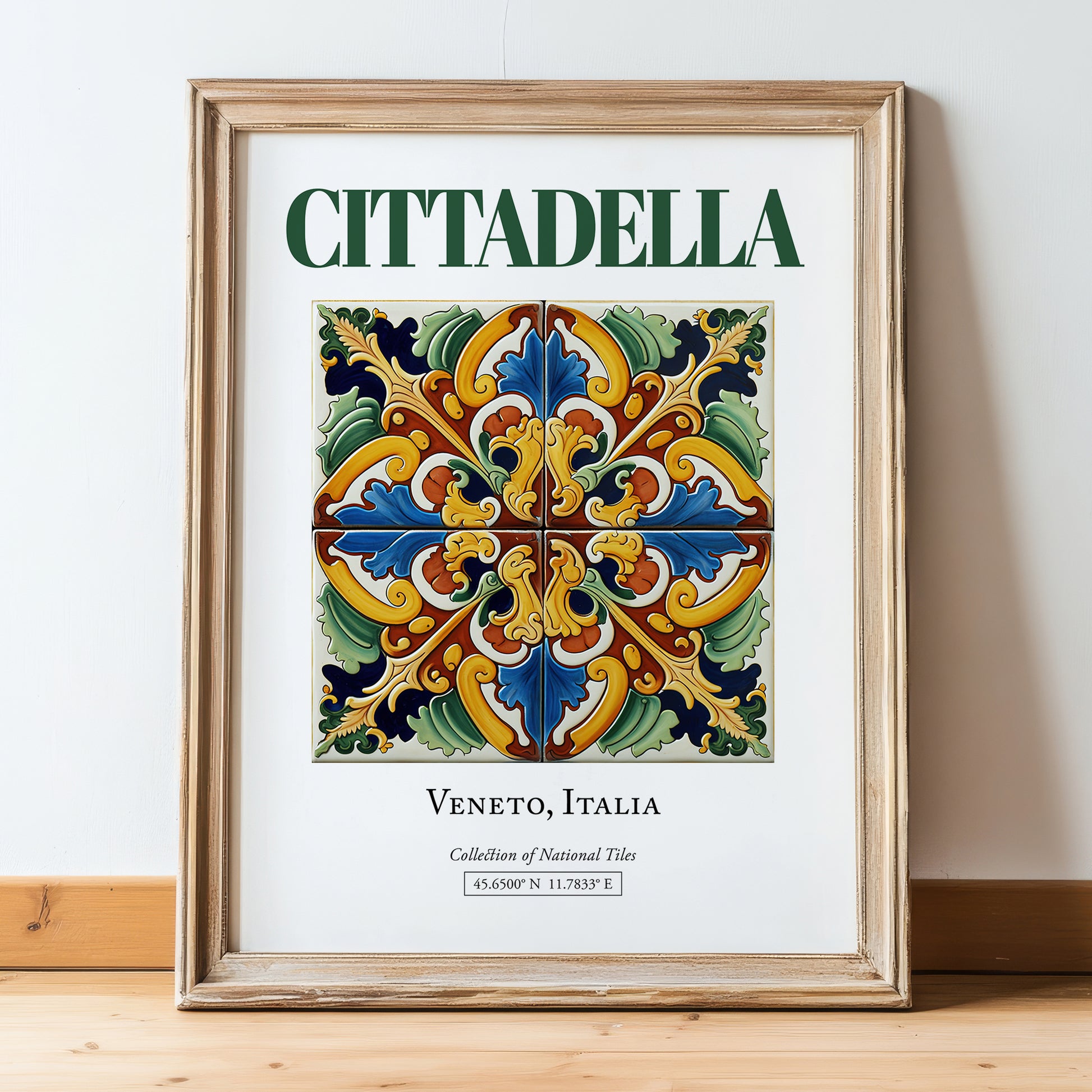 Cittadella, Italy – Retro Travel Poster, in wooden frame leaning on the floor