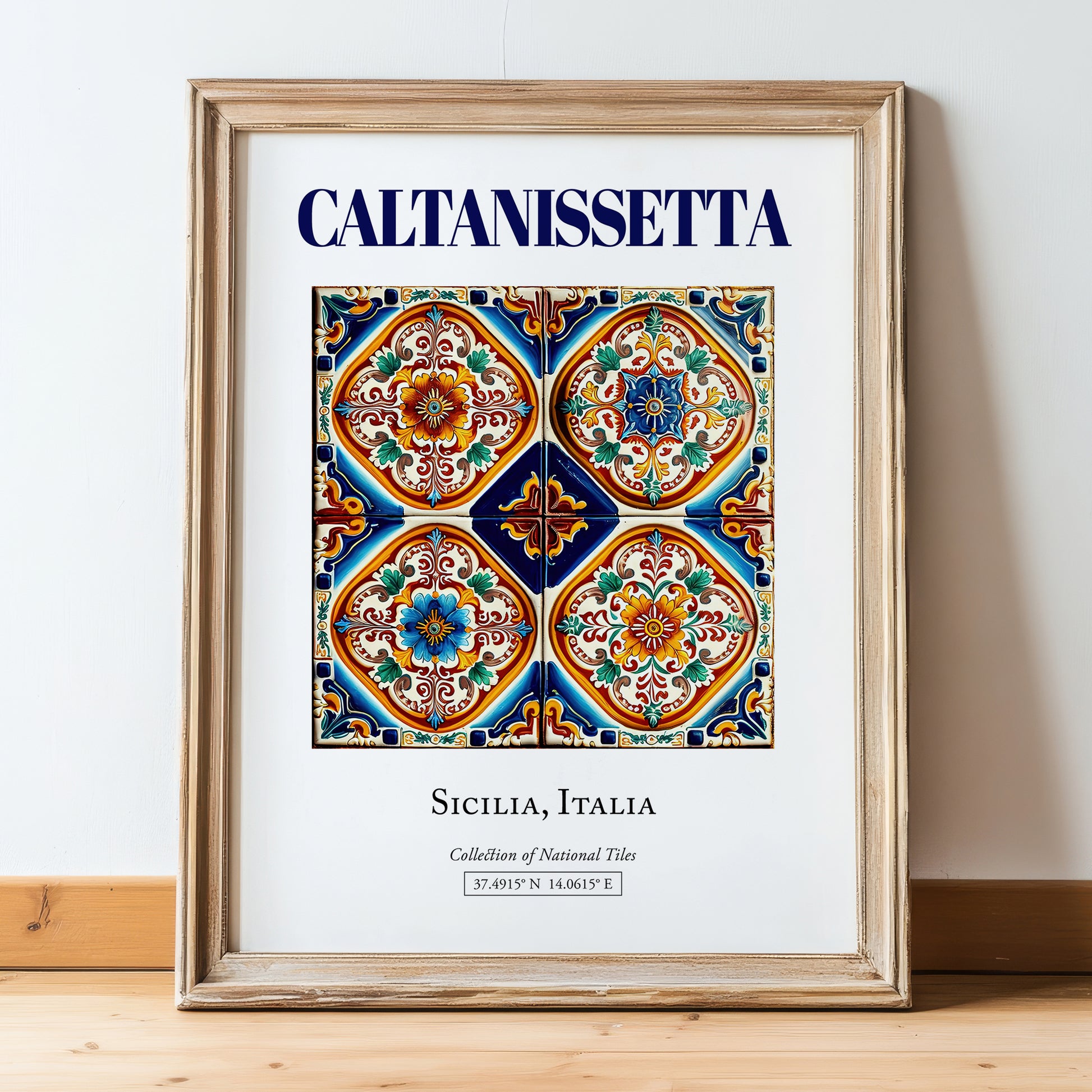 Caltanissetta, Italy – Illustrated Travel Poster, in wooden frame leaning on the floor