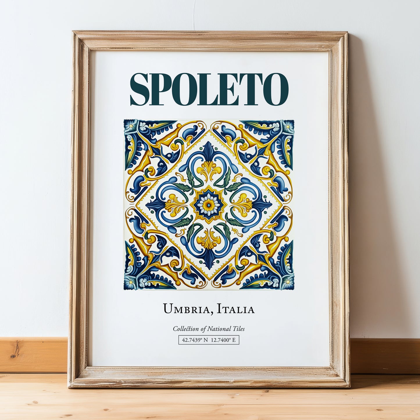 Spoleto, Italy – Away From Home Poster, in wooden frame leaning on the floor