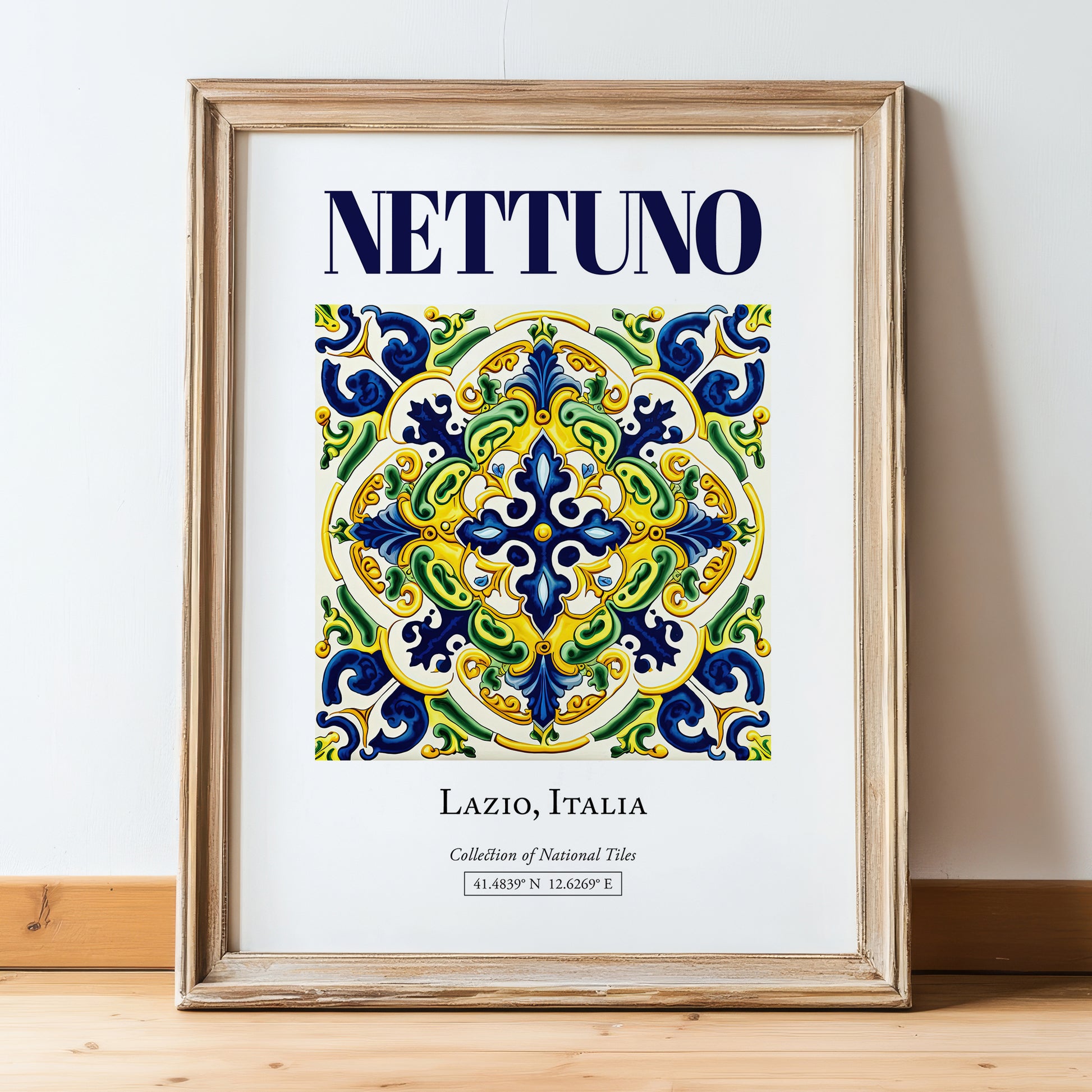 Nettuno, Italy – World Heritage Travel Poster, in wooden frame leaning on the floor