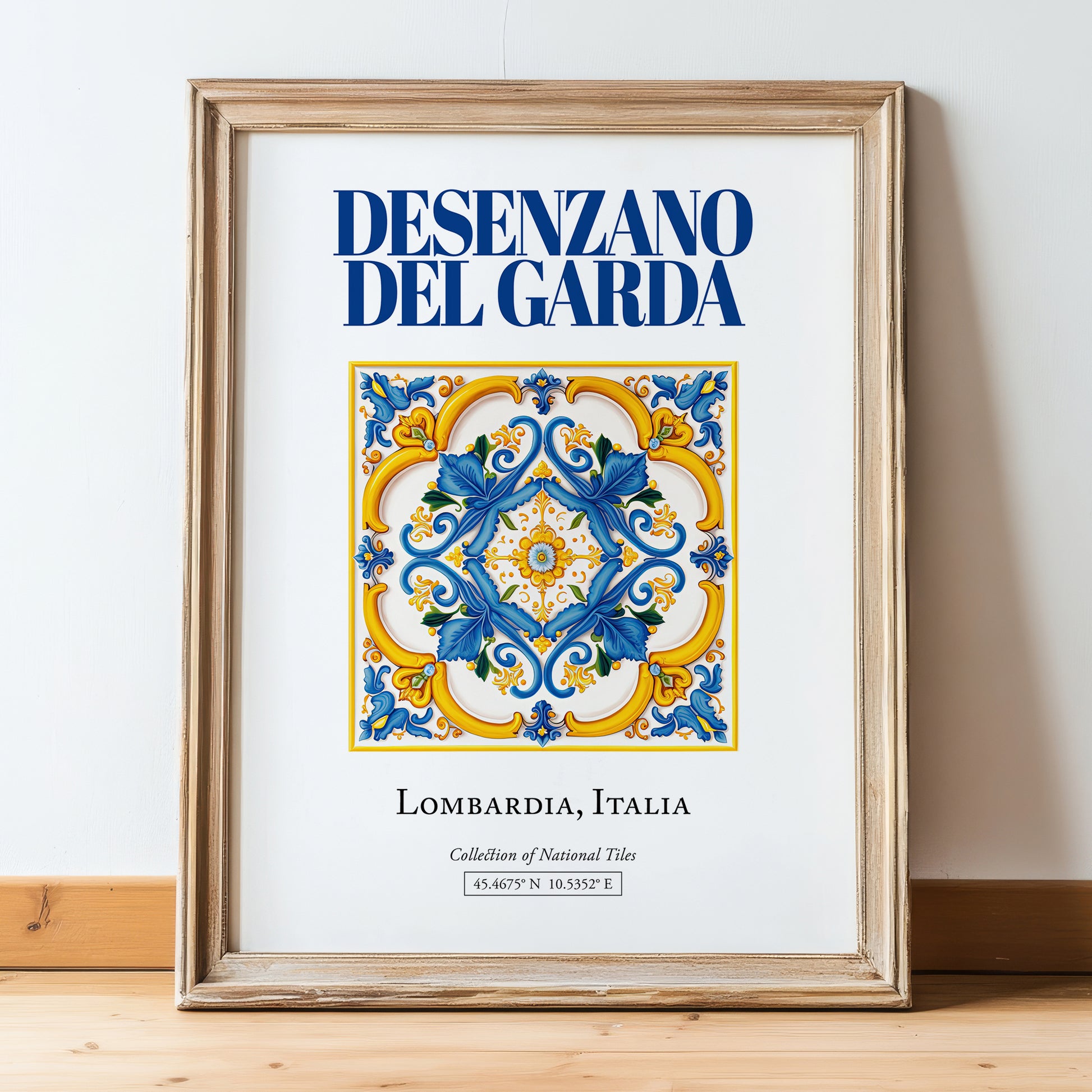 Desenzano del Garda, Italy – Travel Poster, in wooden frame leaning on the floor