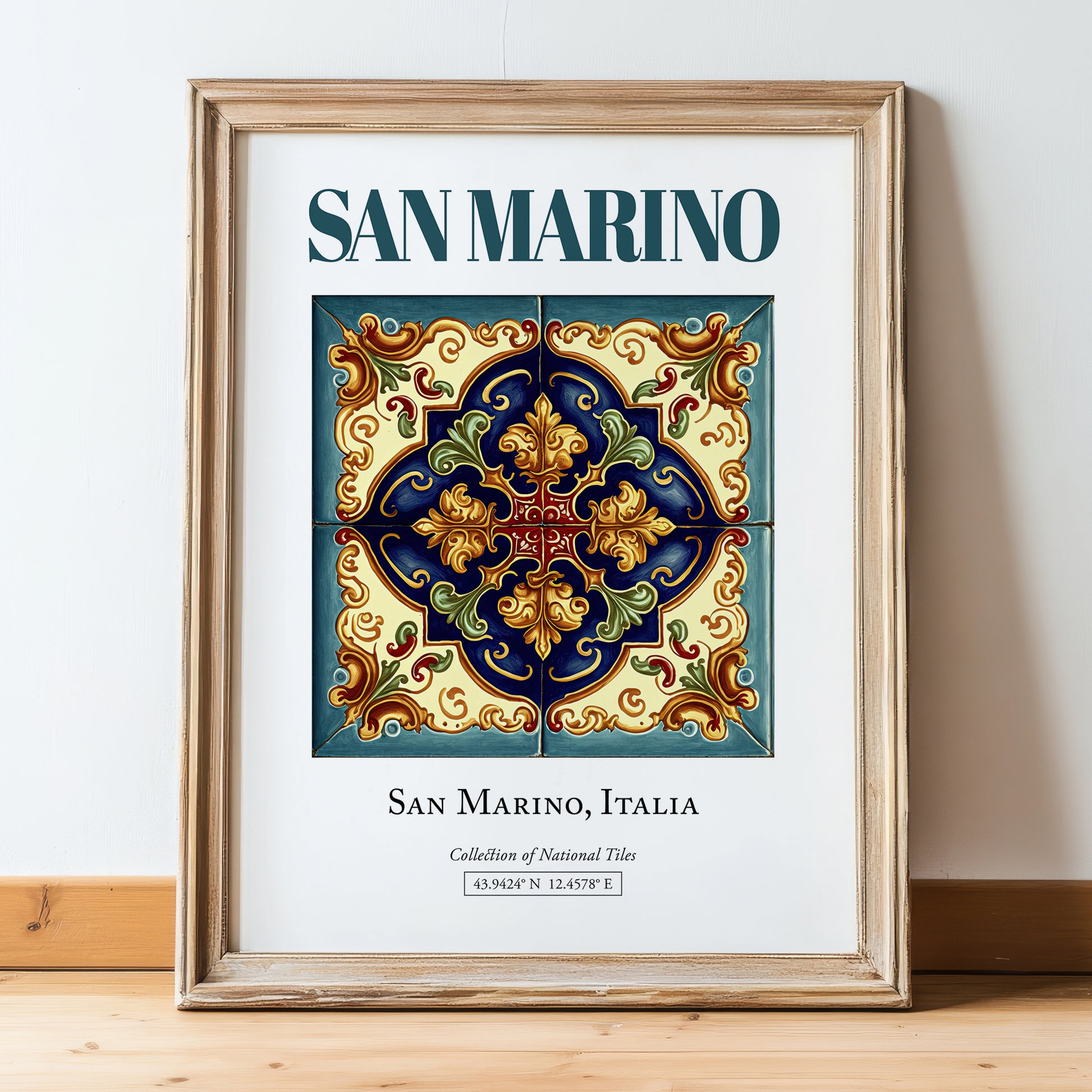 San Marino, Italy – Country Culture Poster, in wooden frame leaning on the floor