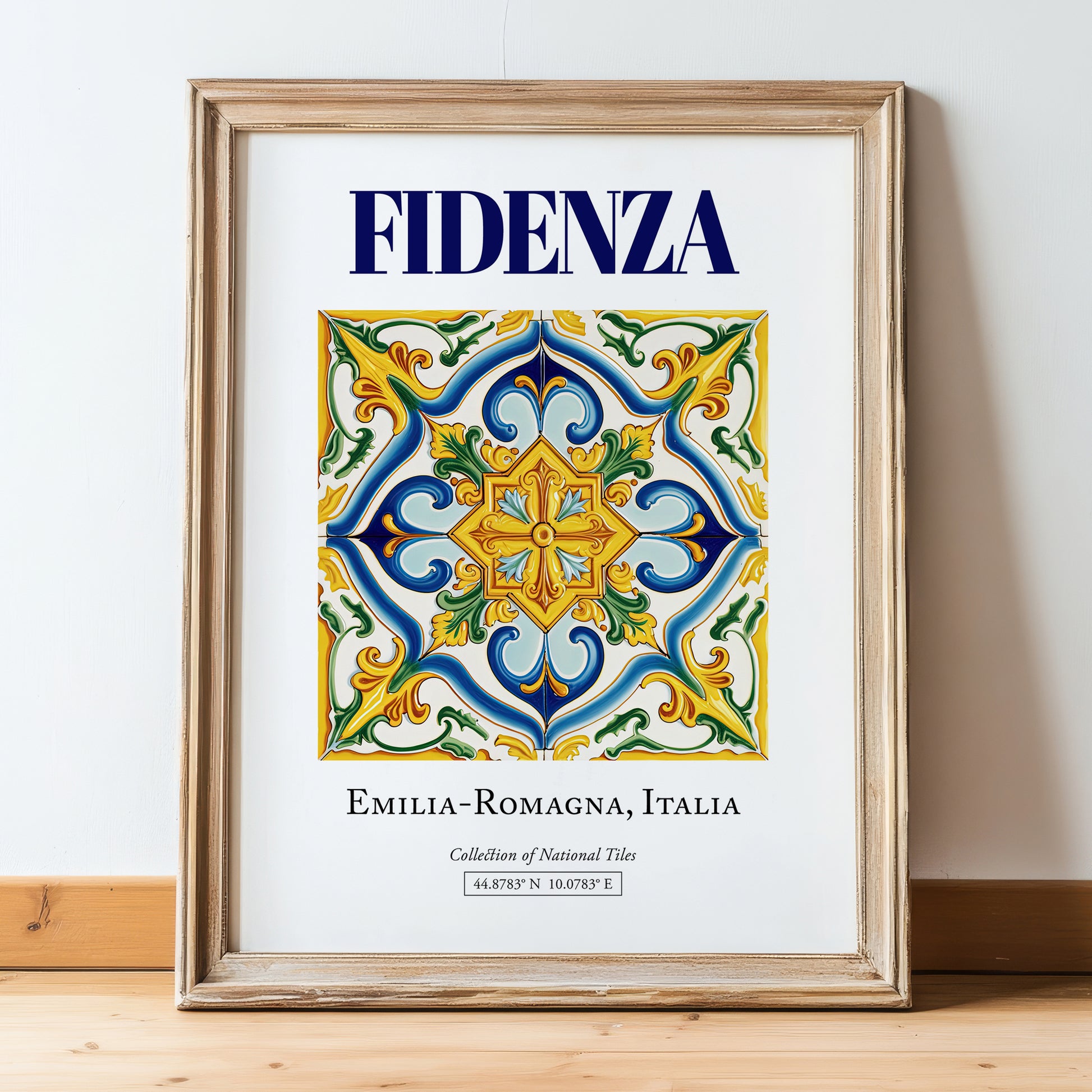 Fidenza, Italy – Travel Print, in wooden frame leaning on the floor