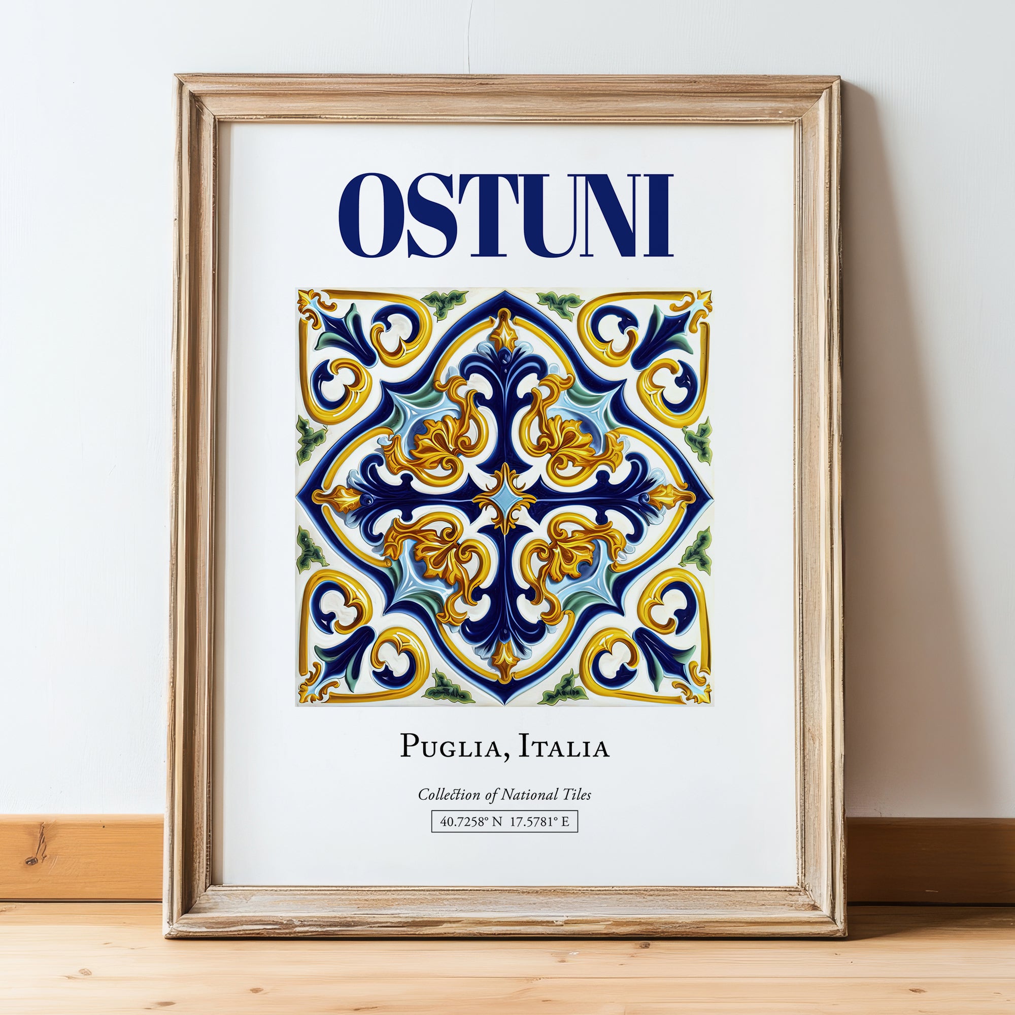 Ostuni, Italy – Travel Wall Decor, in wooden frame leaning on the floor
