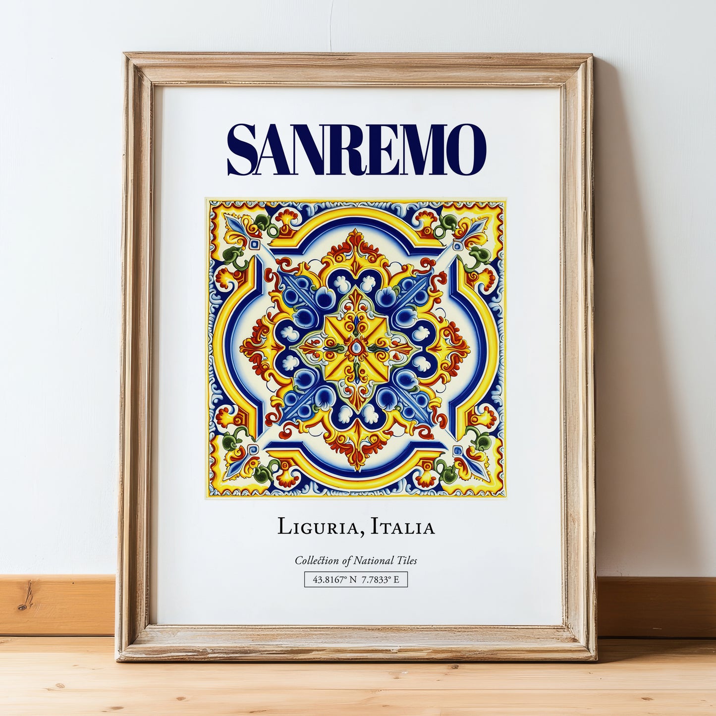 Sanremo, Italy – Travel Wall Art, in wooden frame leaning on the floor
