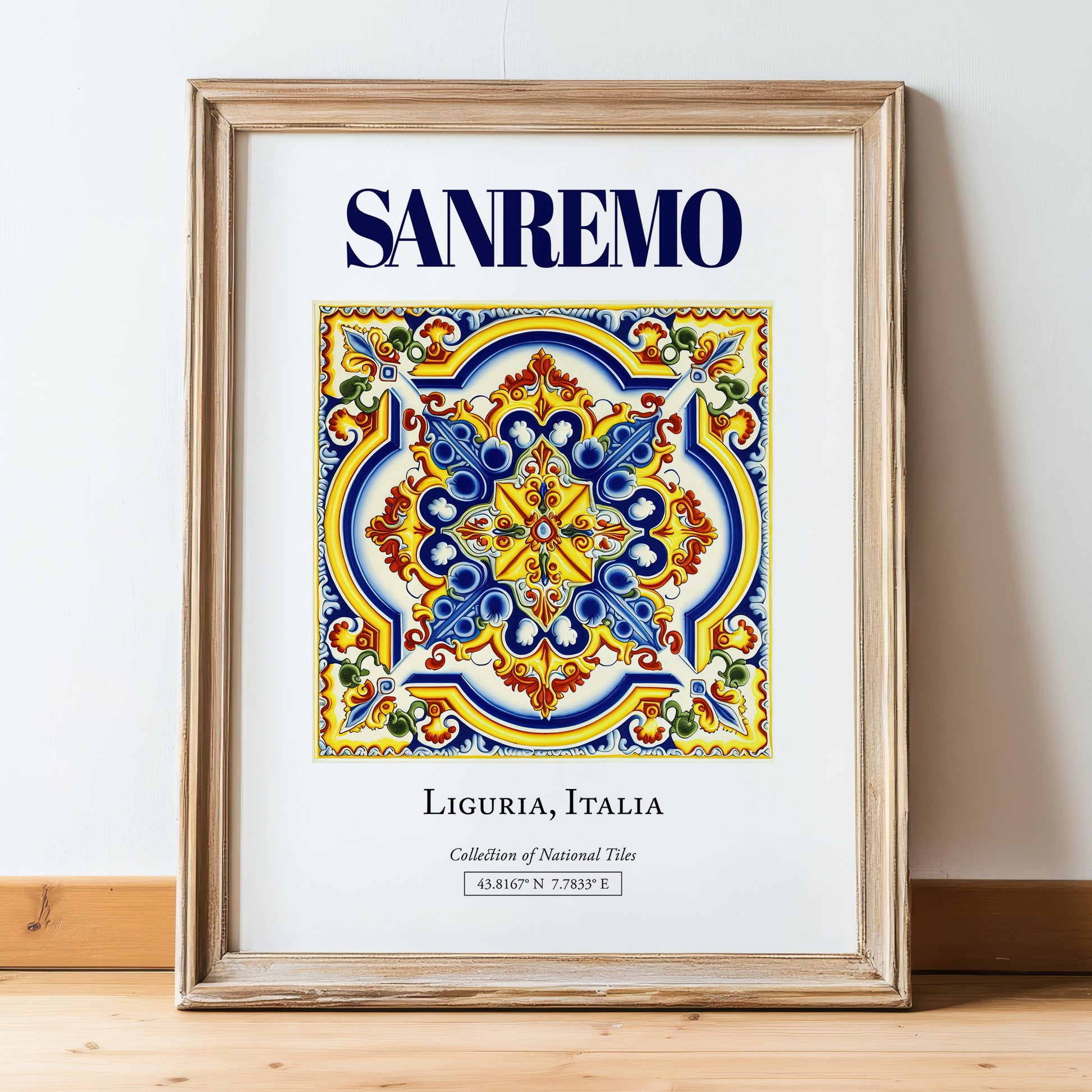 Sanremo, Italy – Travel Wall Art, in wooden frame leaning on the floor