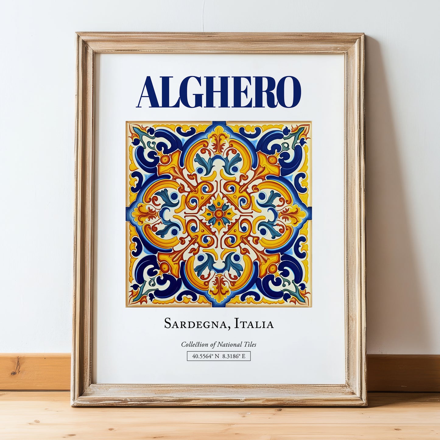 Alghero, Italy – Travel Poster, in wooden frame leaning on the floor