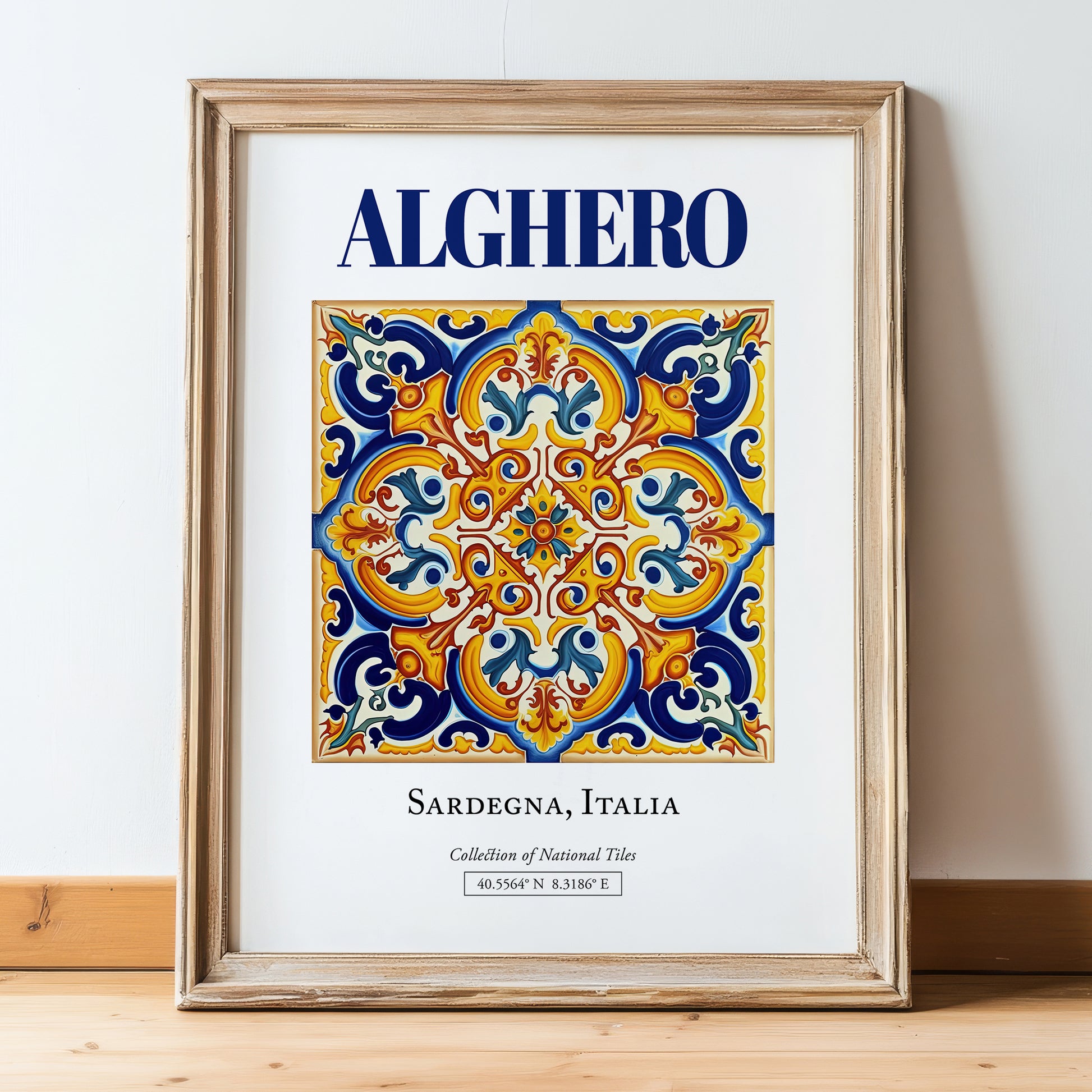 Alghero, Italy – Travel Poster, in wooden frame leaning on the floor