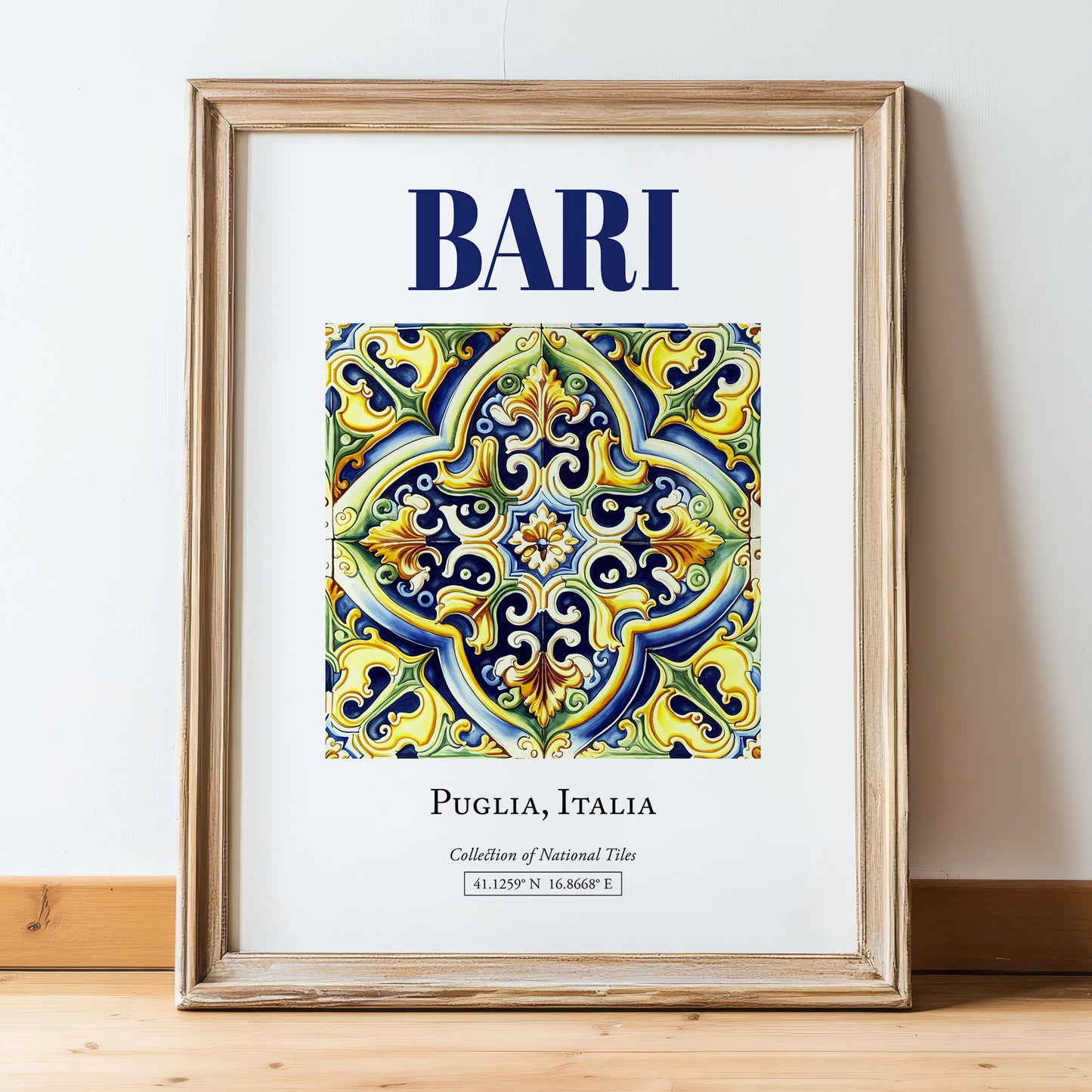 Bari, Italy – Travel Wall Art, in wooden frame leaning on the floor