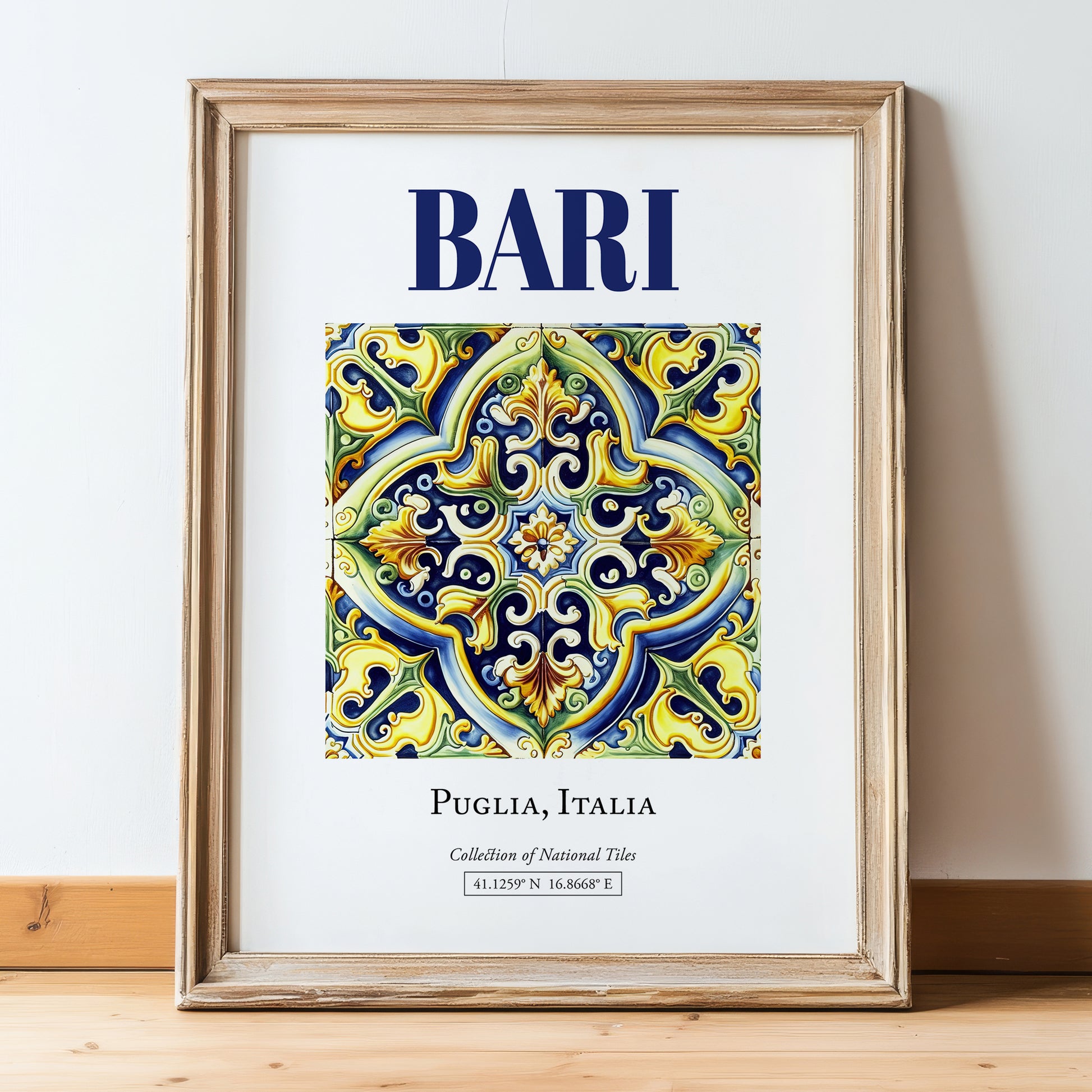 Bari, Italy – Travel Wall Art, in wooden frame leaning on the floor