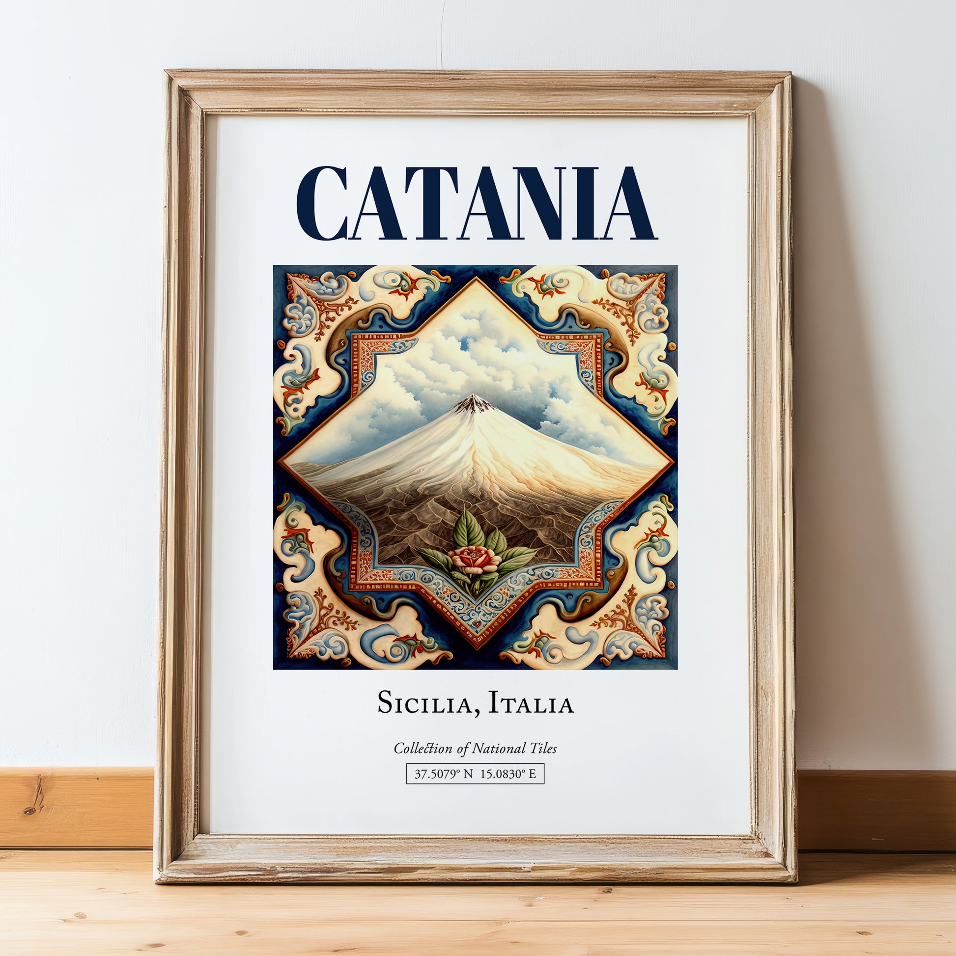 Catania, Italy – Travel Print, in wooden frame leaning on the floor