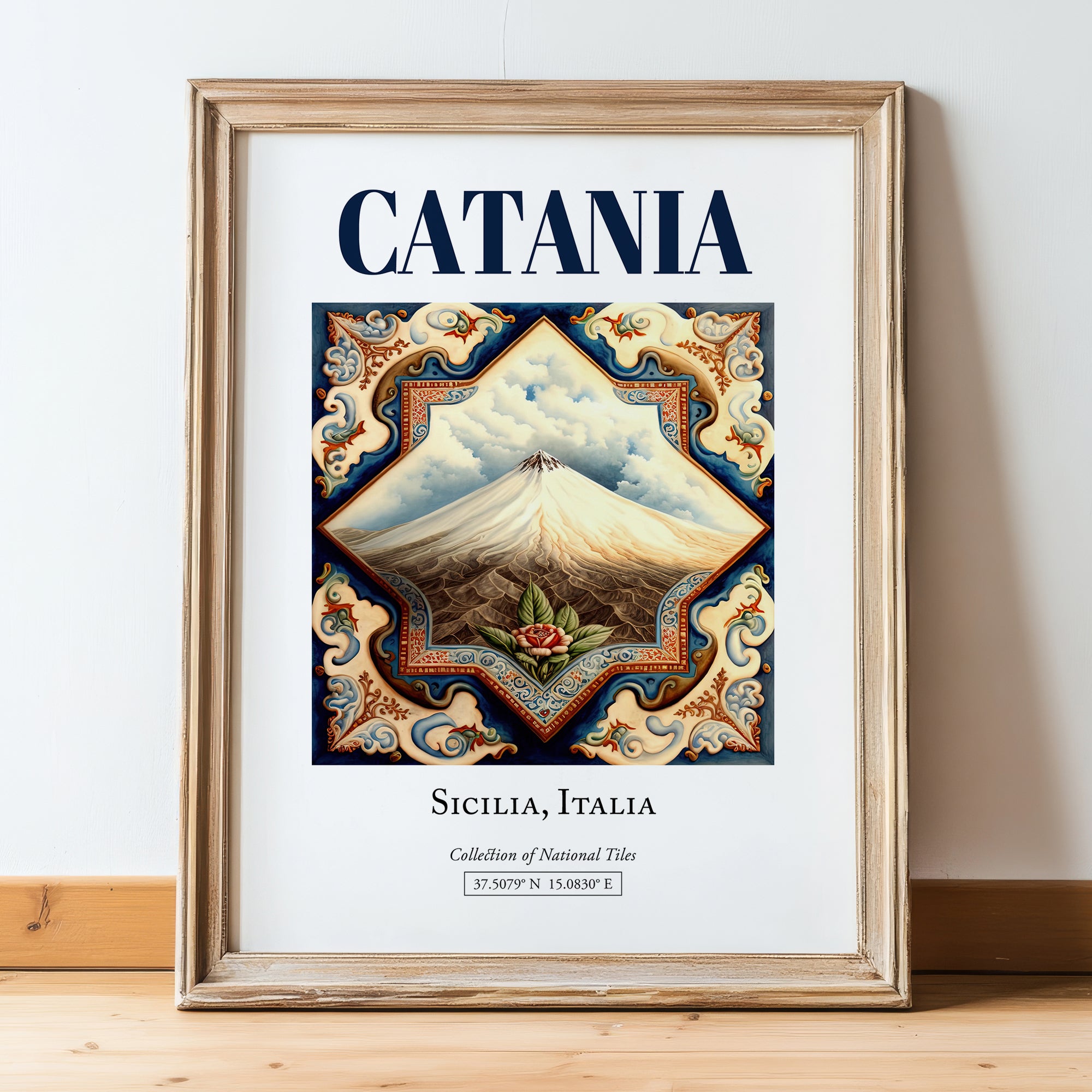 Catania, Italy – Travel Print, in wooden frame leaning on the floor