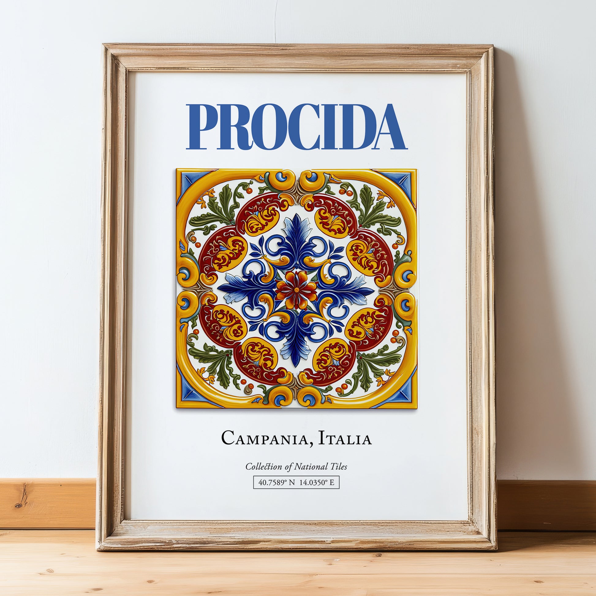 Procida, Italy – Travel Poster, in wooden frame leaning on the floor