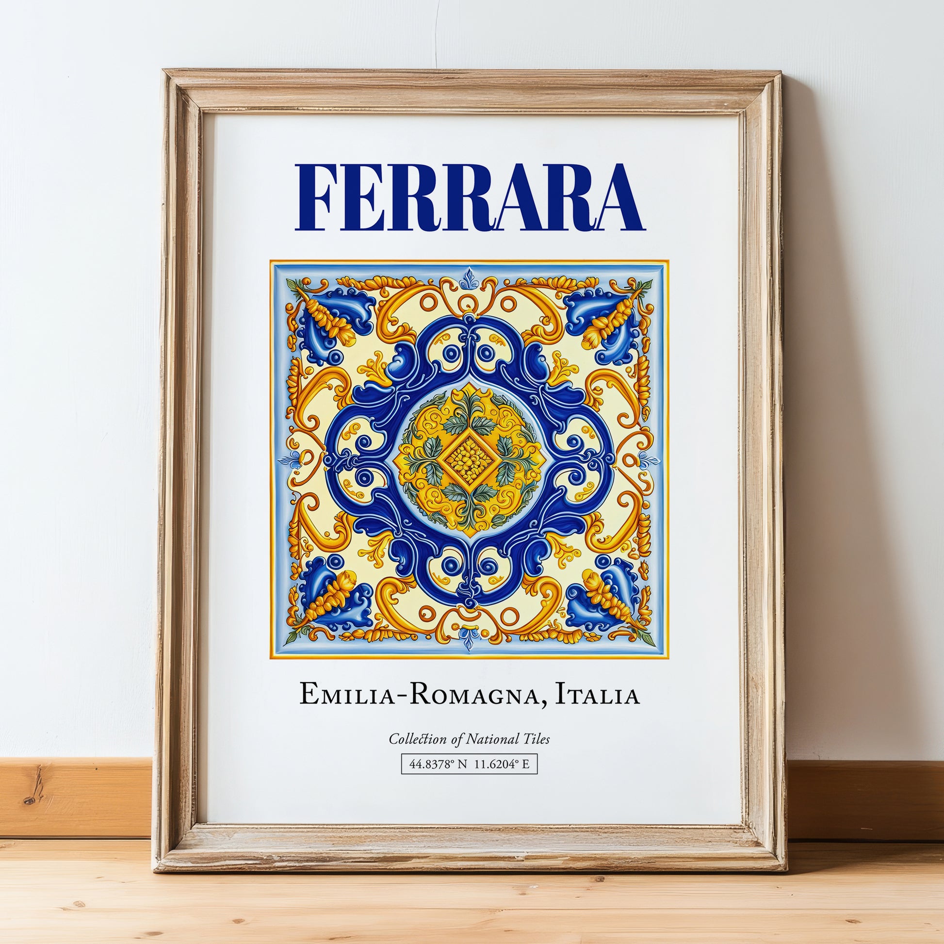 Ferrara, Italy – World Heritage Travel Poster, in wooden frame leaning on the floor