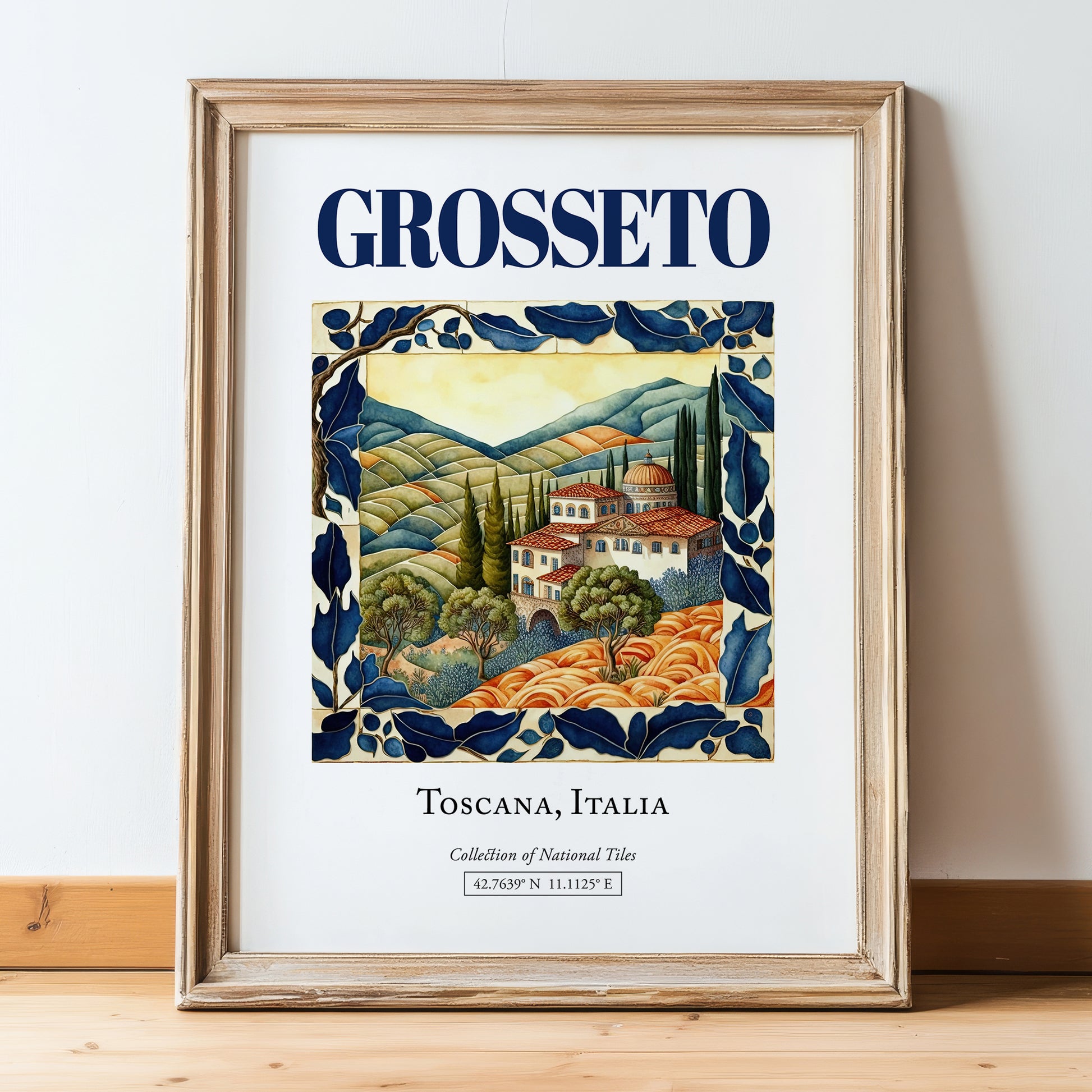 Grosseto, Italy – Travel Poster, in wooden frame leaning on the floor