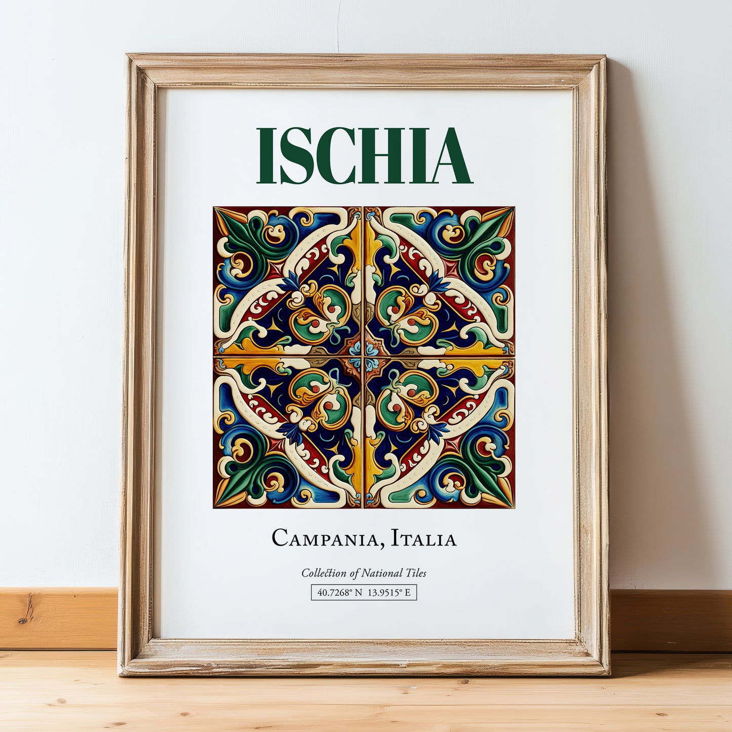Ischia, Italy – Travel Poster, in wooden frame leaning on the floor