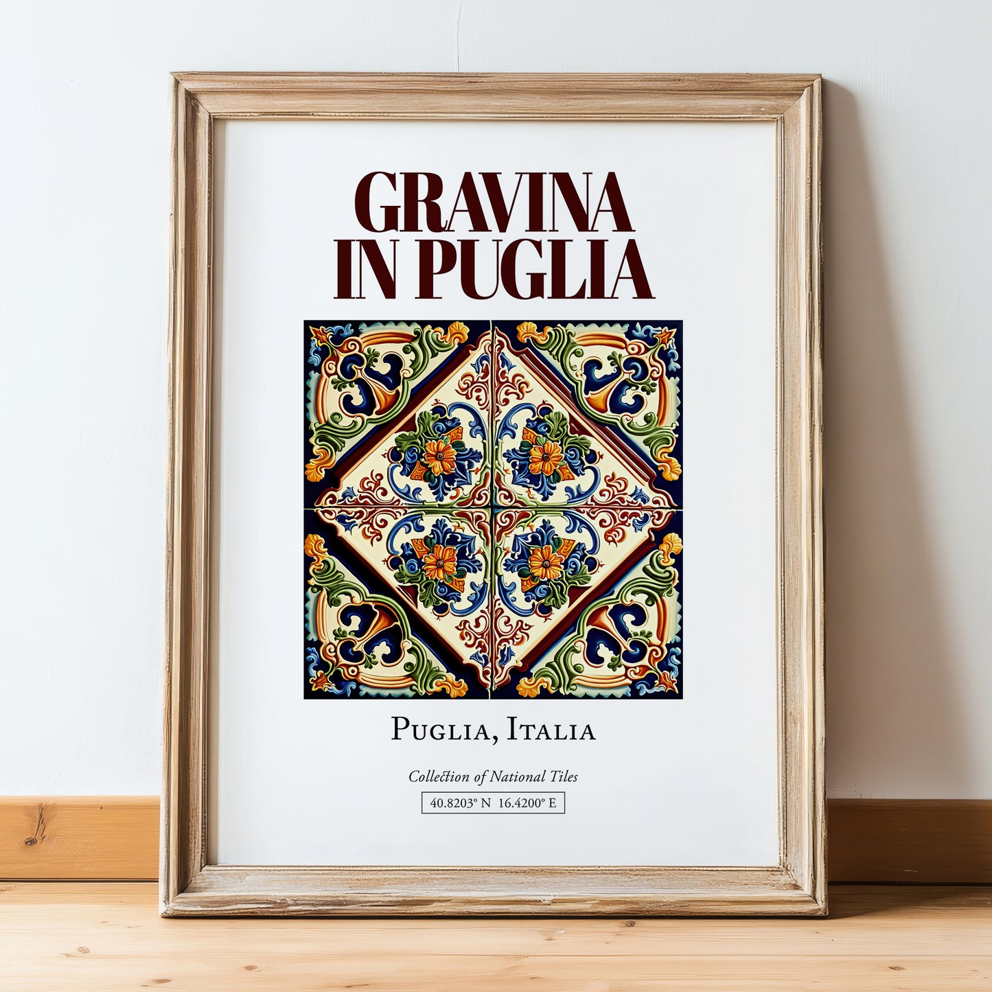 Gravina in Puglia, Italy – Travel Poster, in wooden frame leaning on the floor