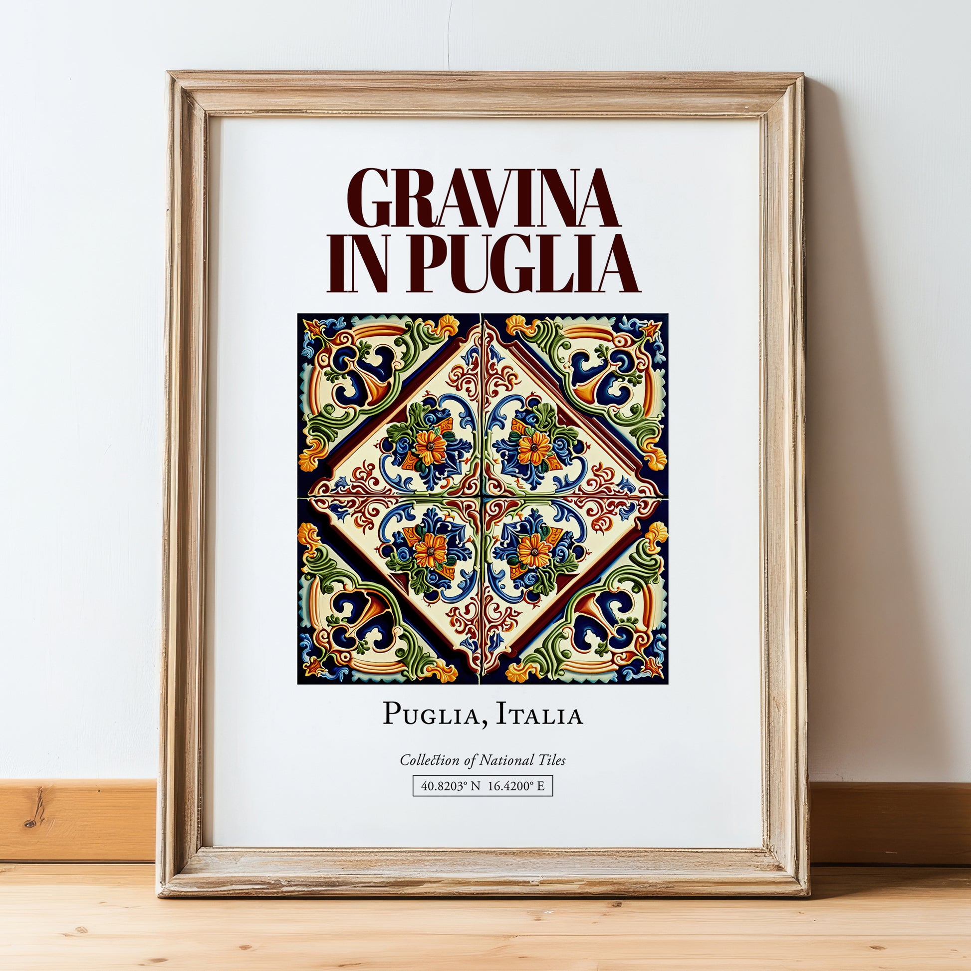 Gravina in Puglia, Italy – Travel Poster, in wooden frame leaning on the floor
