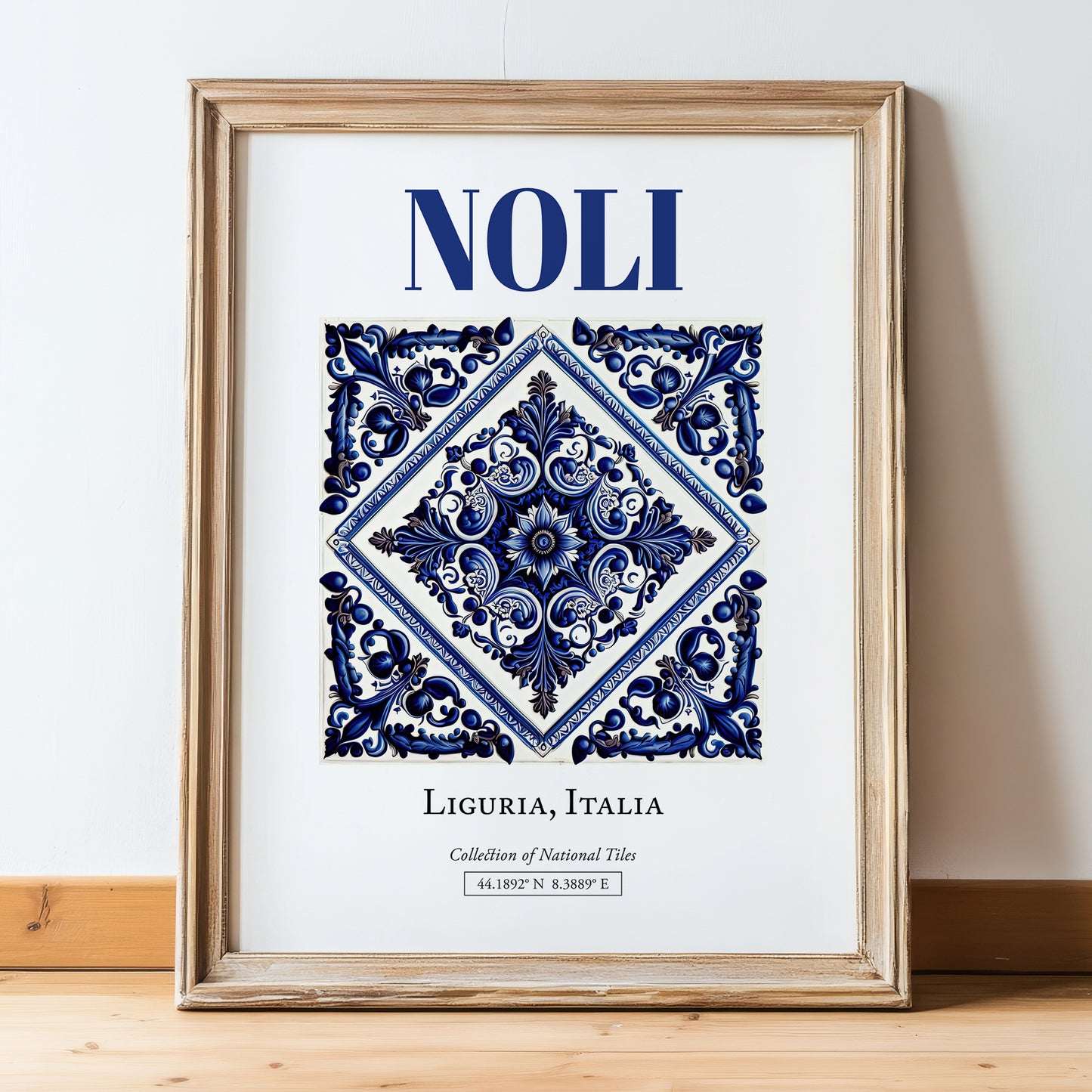 Noli, Italy – Travel Poster, in wooden frame leaning on the floor