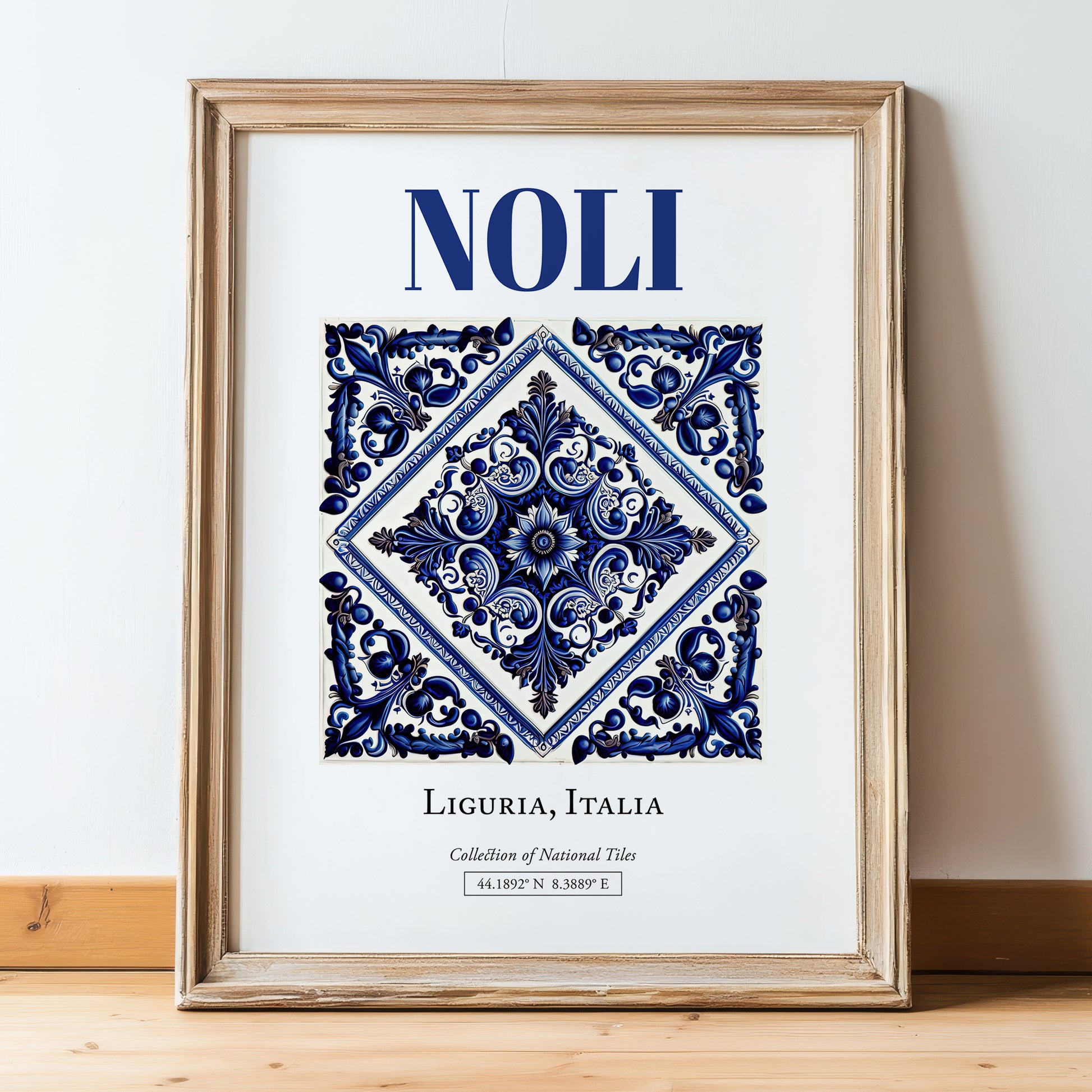 Noli, Italy – Travel Poster, in wooden frame leaning on the floor