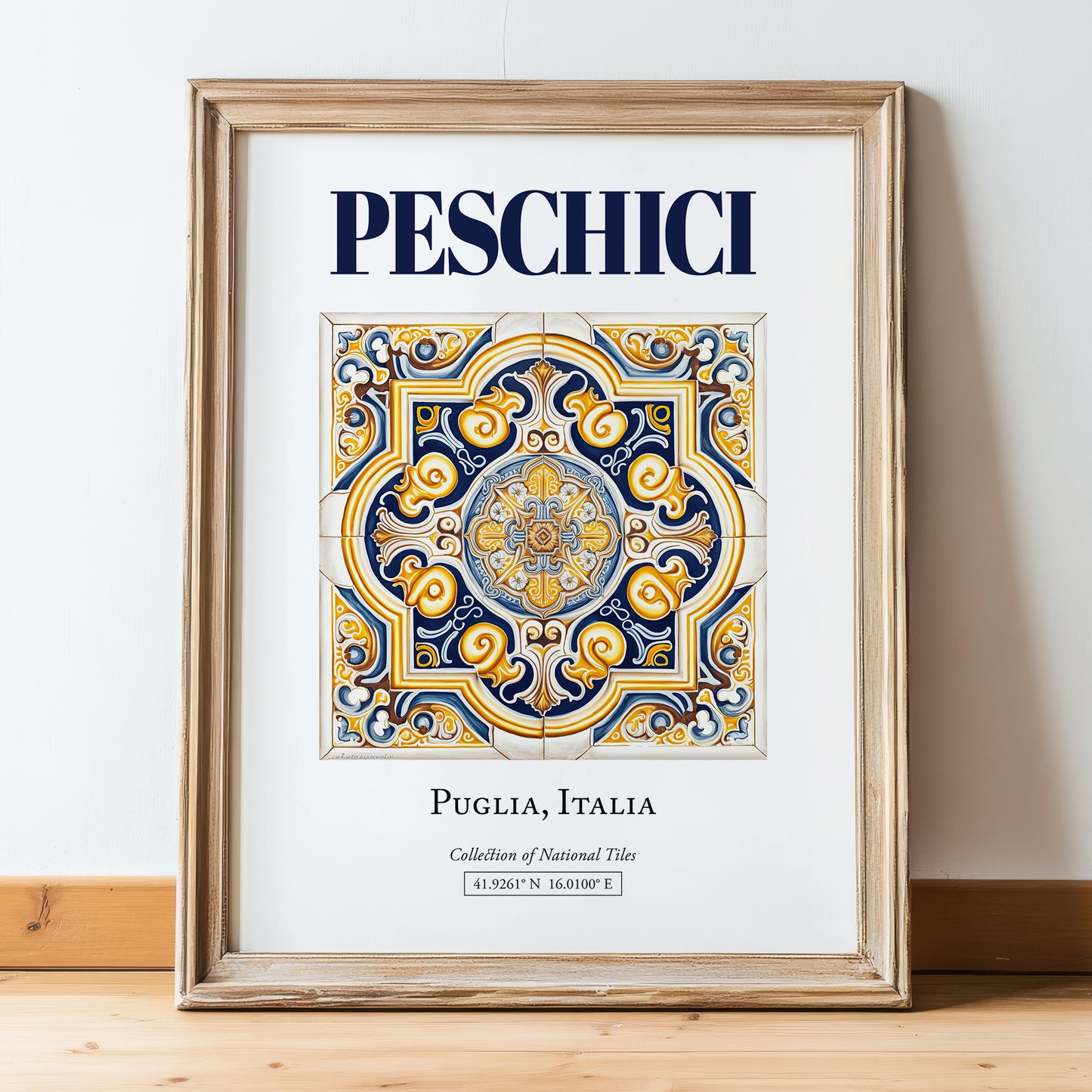 Peschici, Italy – Minimalist Travel Print, in wooden frame leaning on the floor