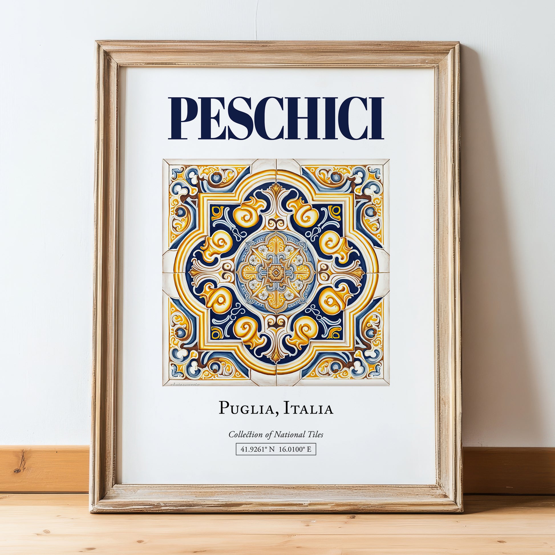 Peschici, Italy – Minimalist Travel Print, in wooden frame leaning on the floor