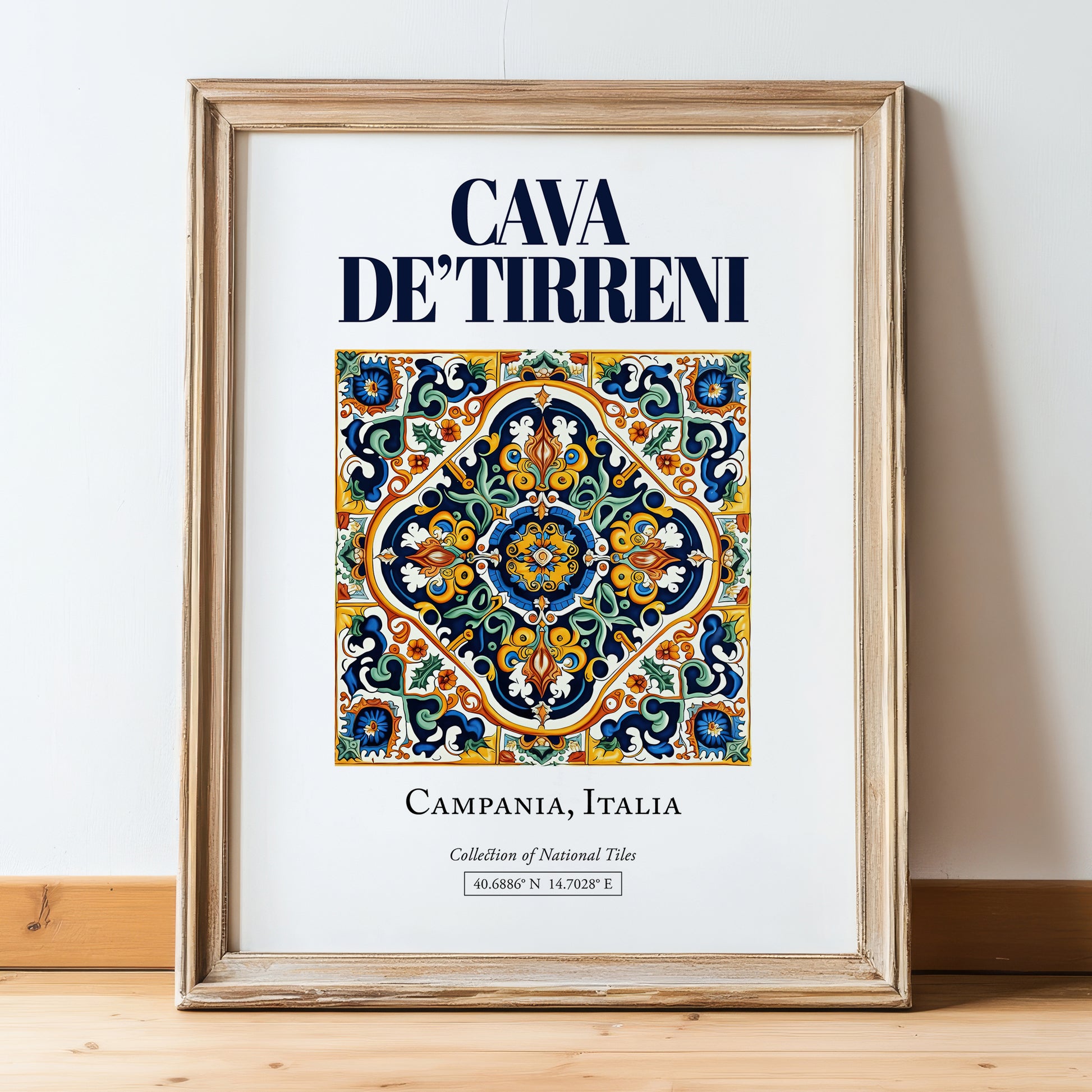 Cava de' Tirreni, Italy – Travel Poster, in wooden frame leaning on the floor
