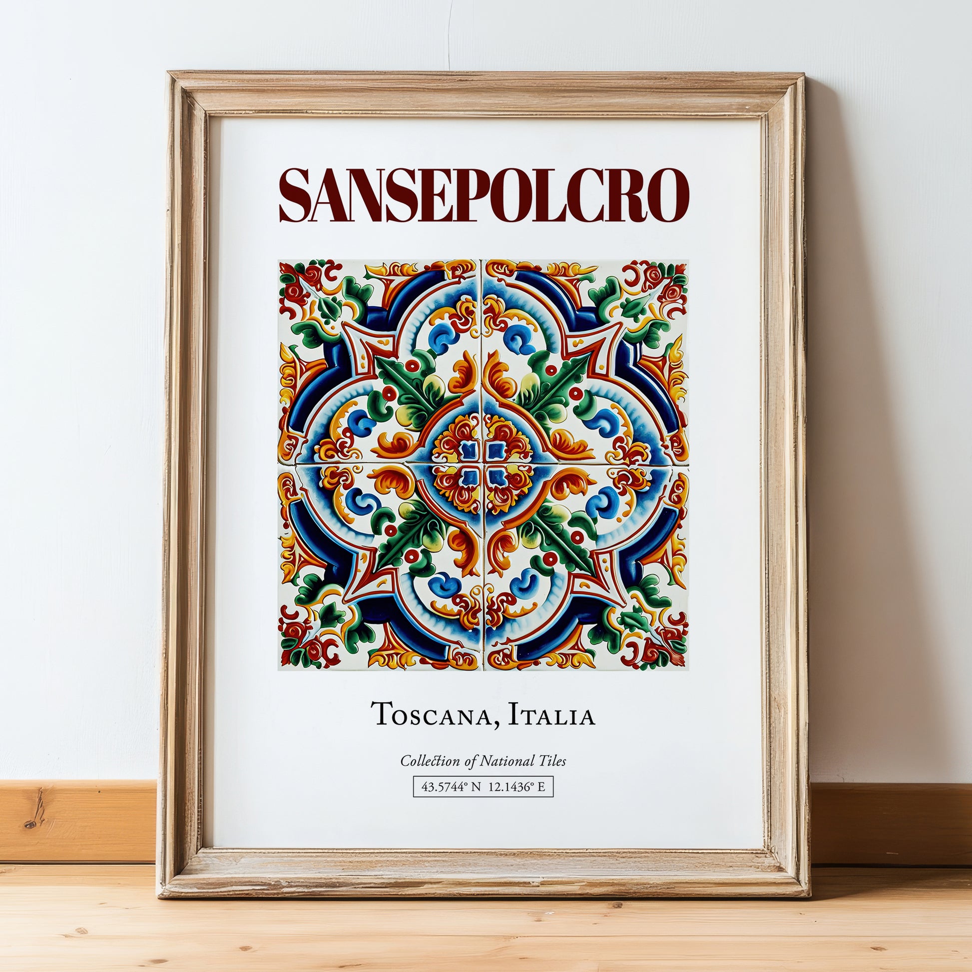 Sansepolcro, Italy – Minimalist Travel Print, in wooden frame leaning on the floor