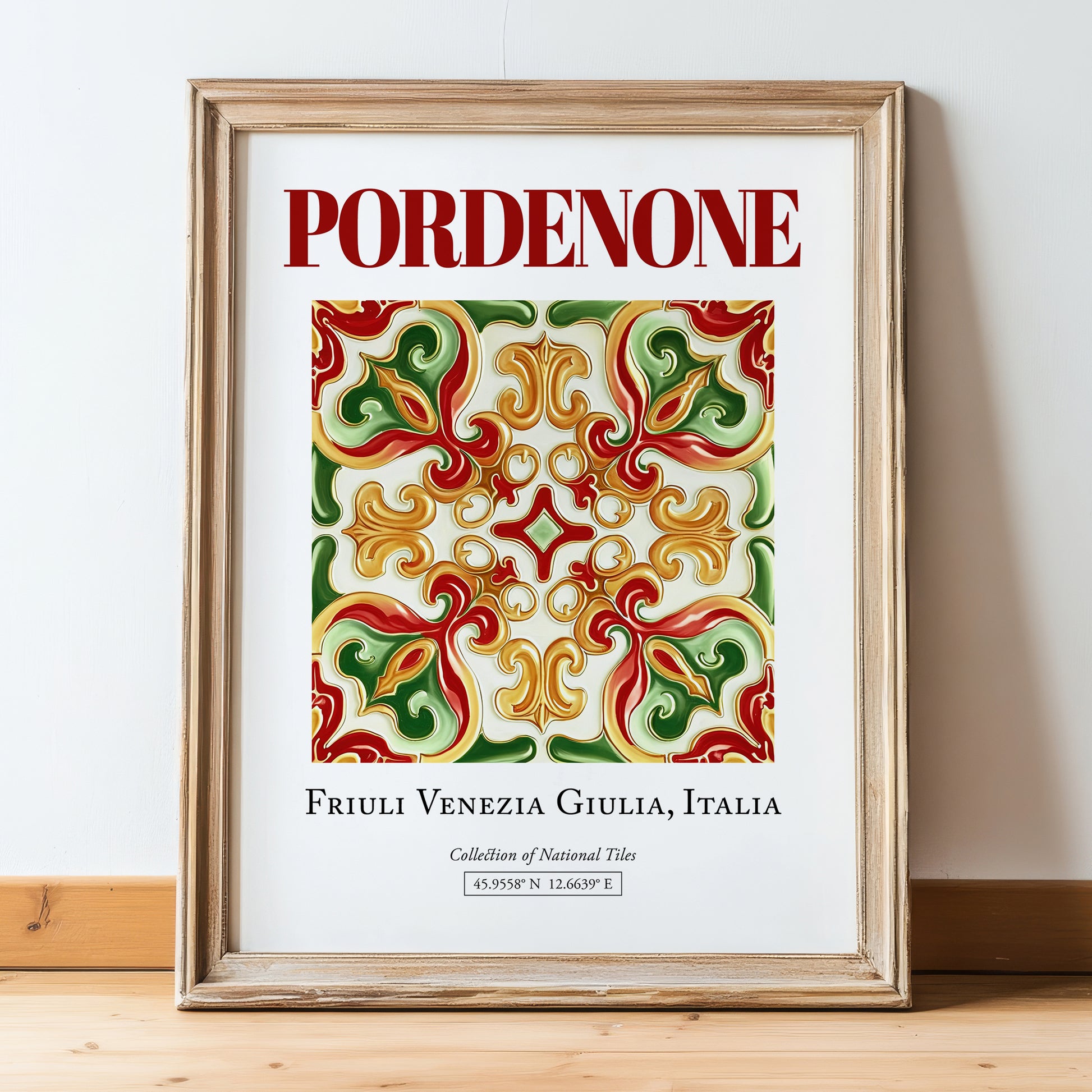 Pordenone, Italy – Historic Cities Art Print, in wooden frame leaning on the floor