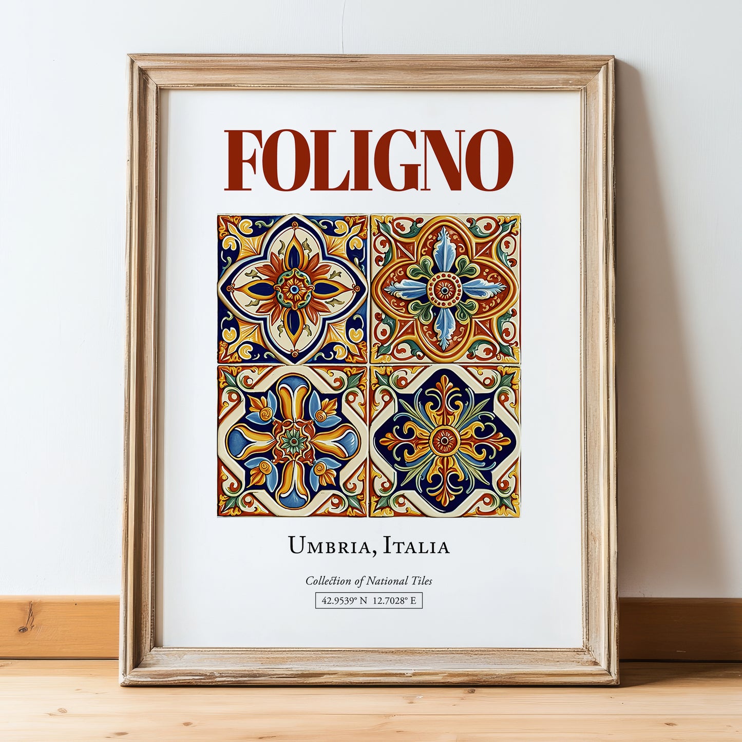 Foligno, Italy – Vintage Travel Poster, in wooden frame leaning on the floor