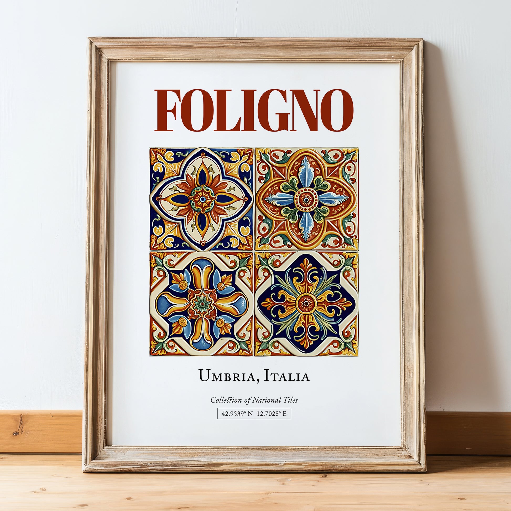 Foligno, Italy – Vintage Travel Poster, in wooden frame leaning on the floor