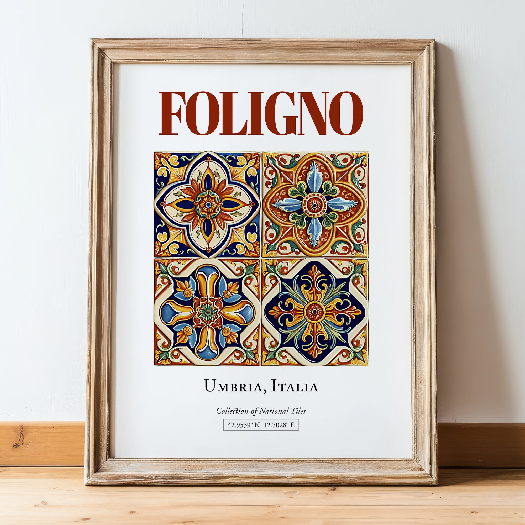 Foligno, Italy – Vintage Travel Poster, in wooden frame leaning on the floor