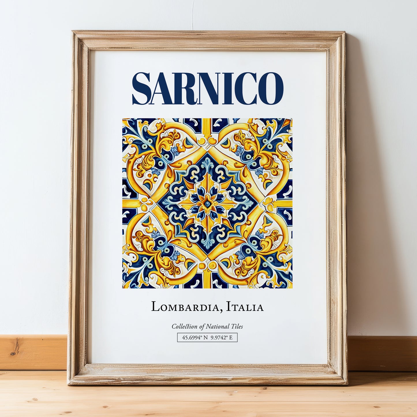 Sarnico, Italy – Travel Poster, in wooden frame leaning on the floor