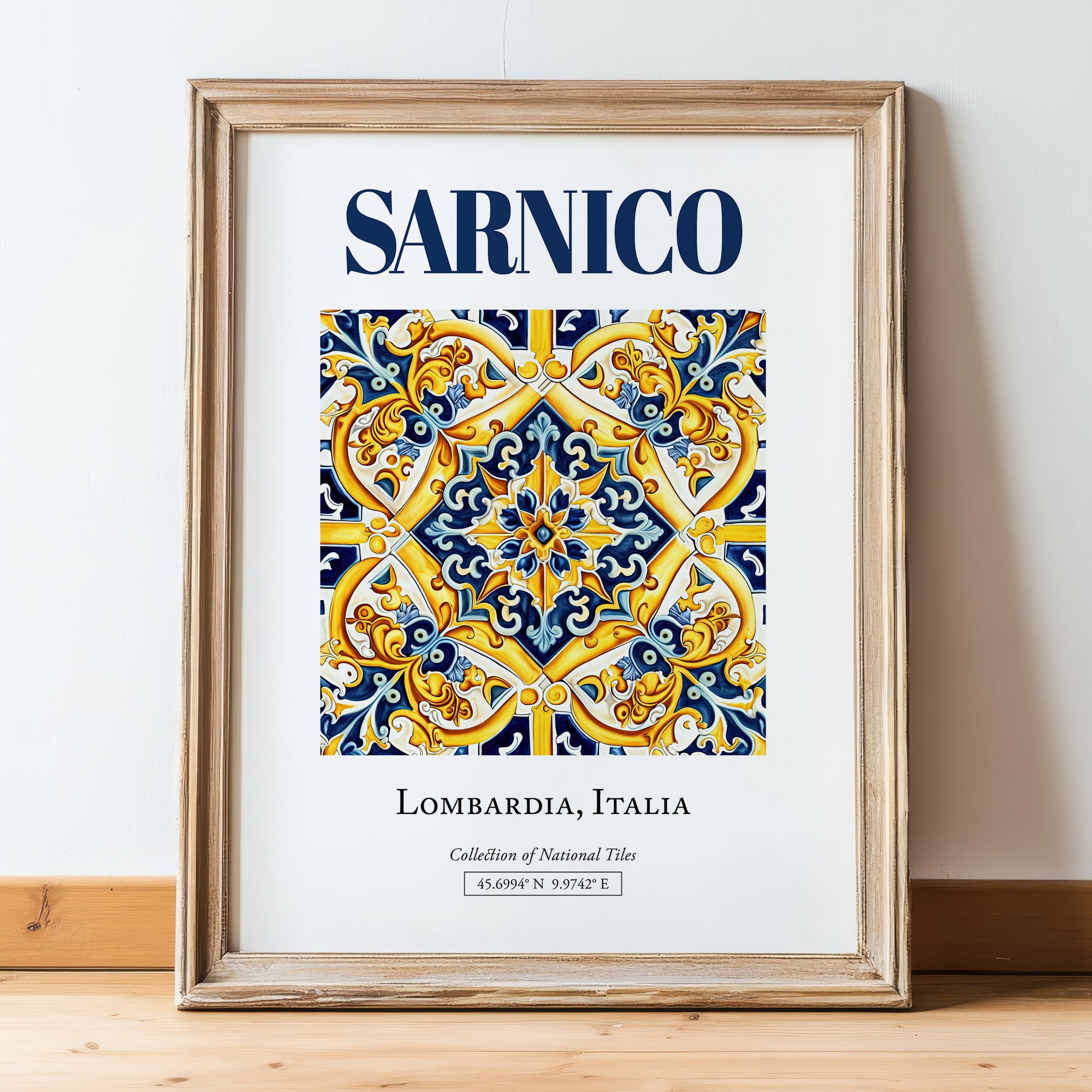 Sarnico, Italy – Travel Poster, in wooden frame leaning on the floor