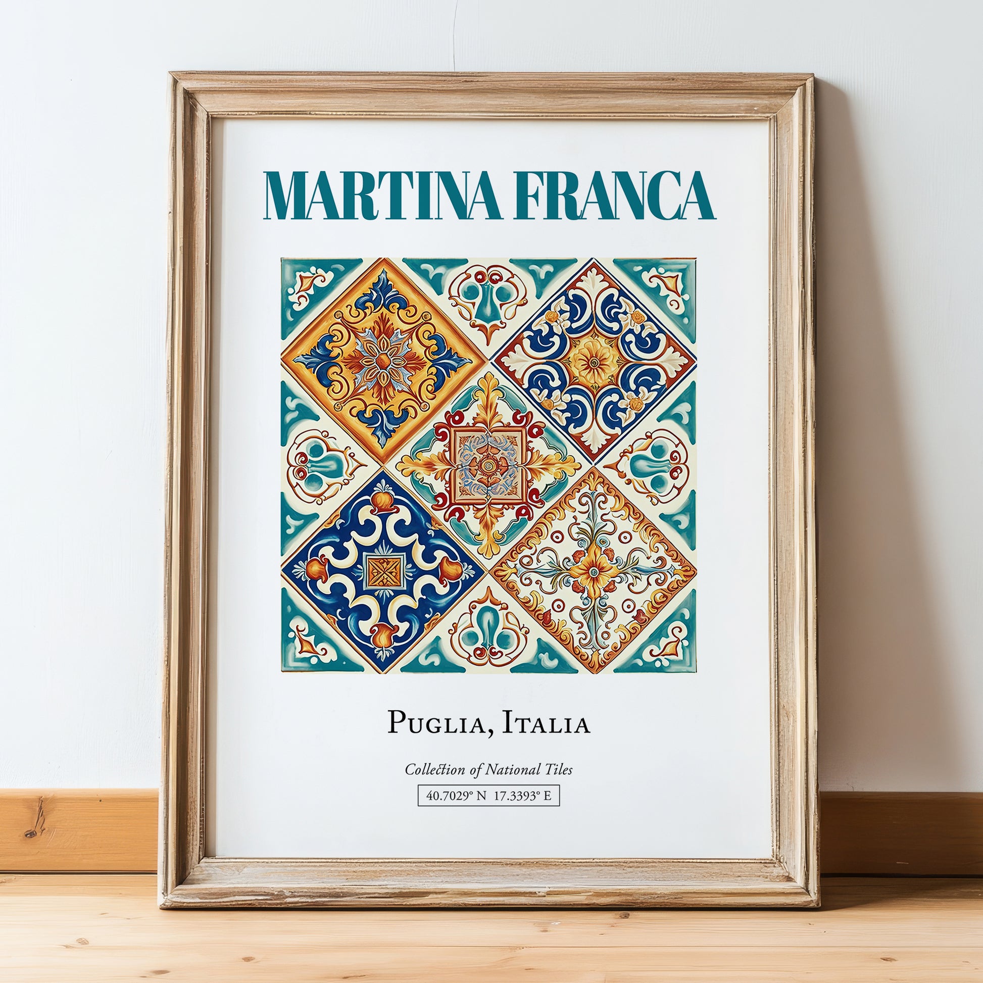 Martina Franca, Italy – Minimalist Travel Print, in wooden frame leaning on the floor