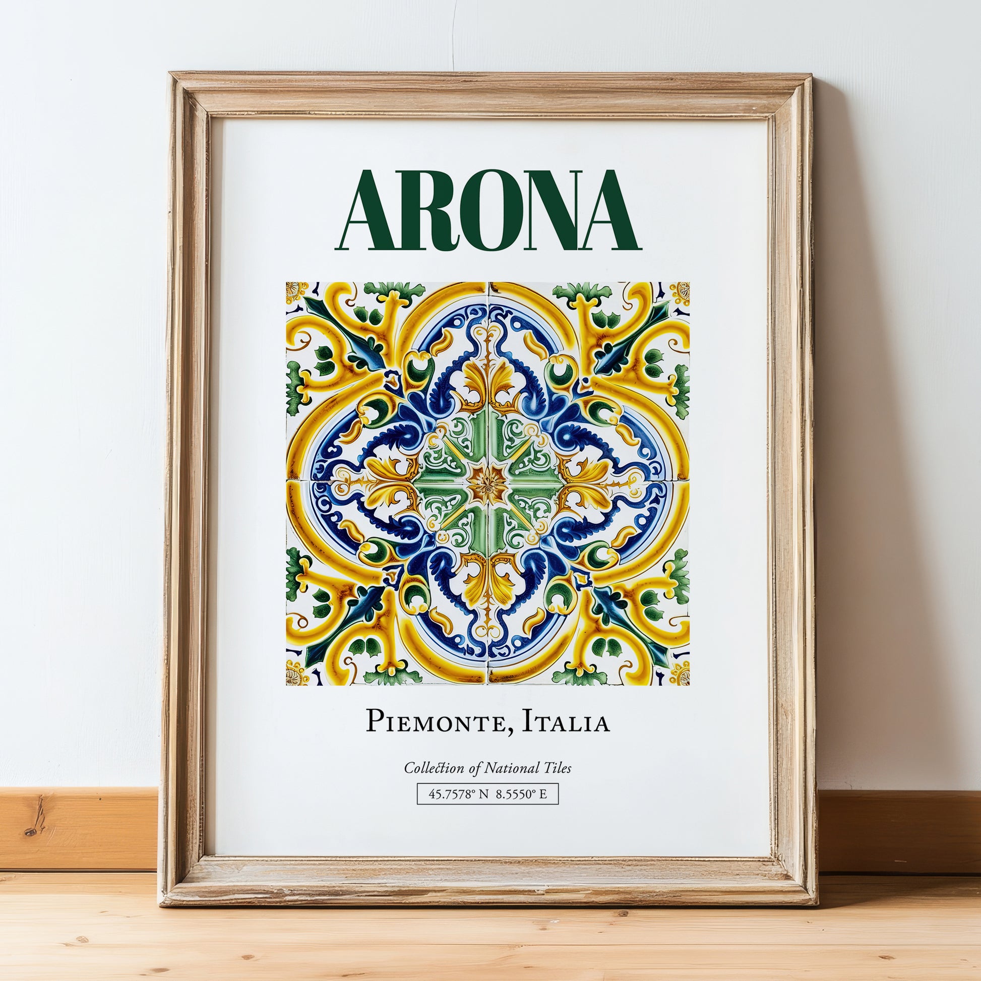 Arona, Italy – Travel Print, in wooden frame leaning on the floor